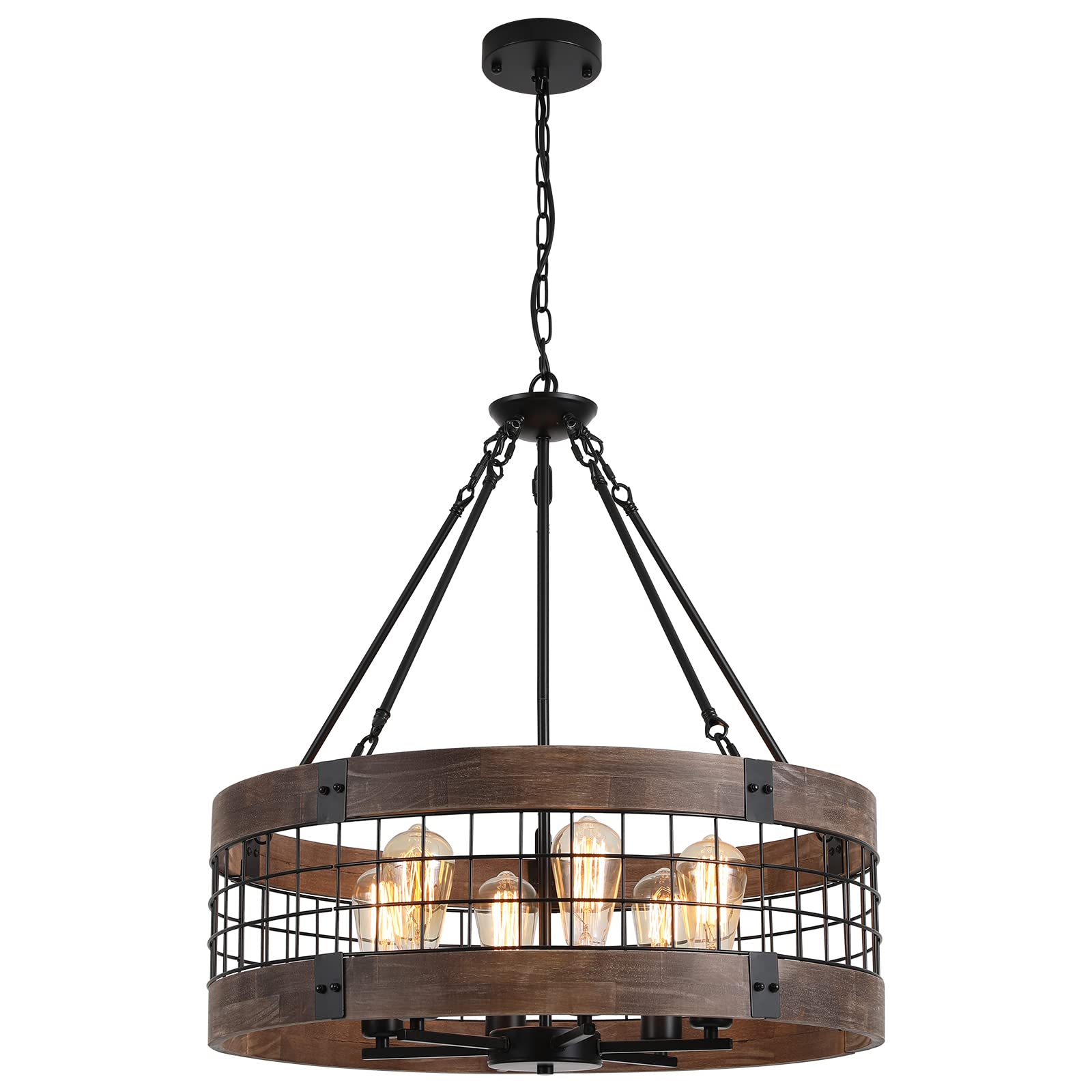 LamQee 24 Inch Farmhouse Dining Room Light Fixture, 6 Lights Modern Farmhouse Chandelier with Wood and Black Metal Shade, Large 