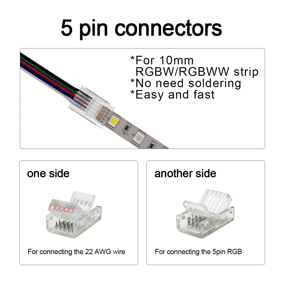 Hamrvl 10Mm Cob Led Strip Light Connectors 5 Pin 12 Pack, Strip To Wire Solderless Transparent Track Lighting Kit Adapter Connec