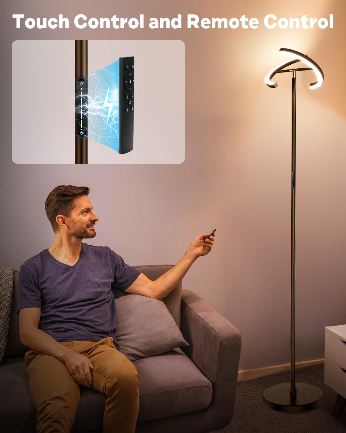 Sibrille Brown Floor Lamp, Modern Stepless Dimmable Standing Lamp With Remote Control, 22W 3000-6000K Led Rotatable Floor Light