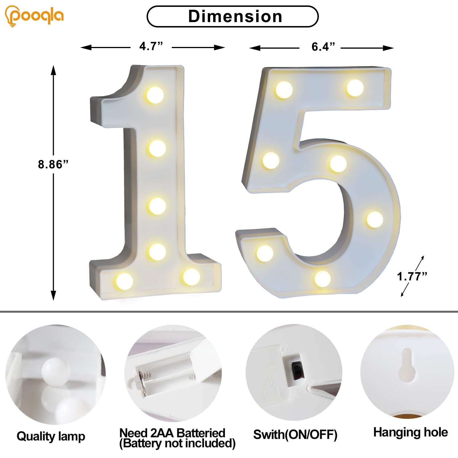 Pooqla Decorative Led Light Up Number Letters, White Plastic Marquee Number Lights Sign For 15Th Birthday Party Wedding Decor Battery Operated Number (15)