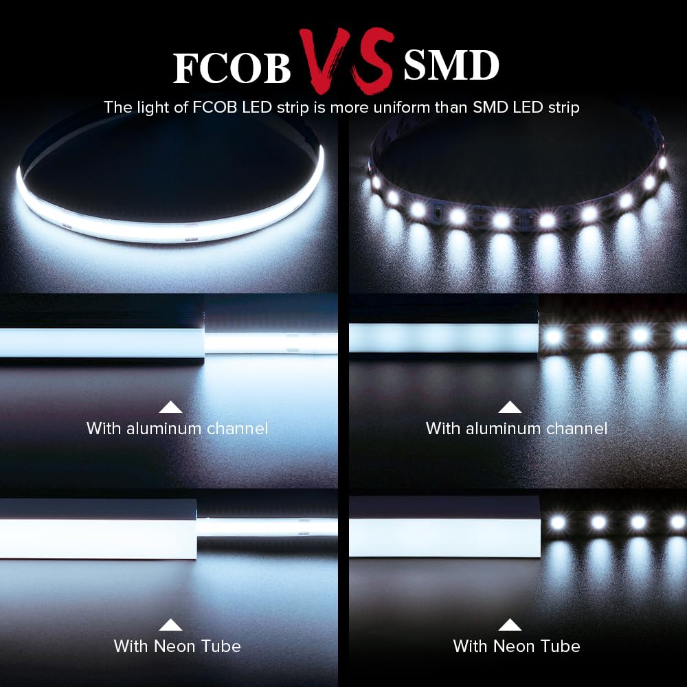 Btf-Lighting Fcob Cob Led Strip 8W/M 16.4Ft Dc12V Daylight White 6000K Flexible High Density Uniform Light Cri 90+ 8Mm Width Led Ribbon Black Pcb For Indoor Decor(No Adapter Or Controller)