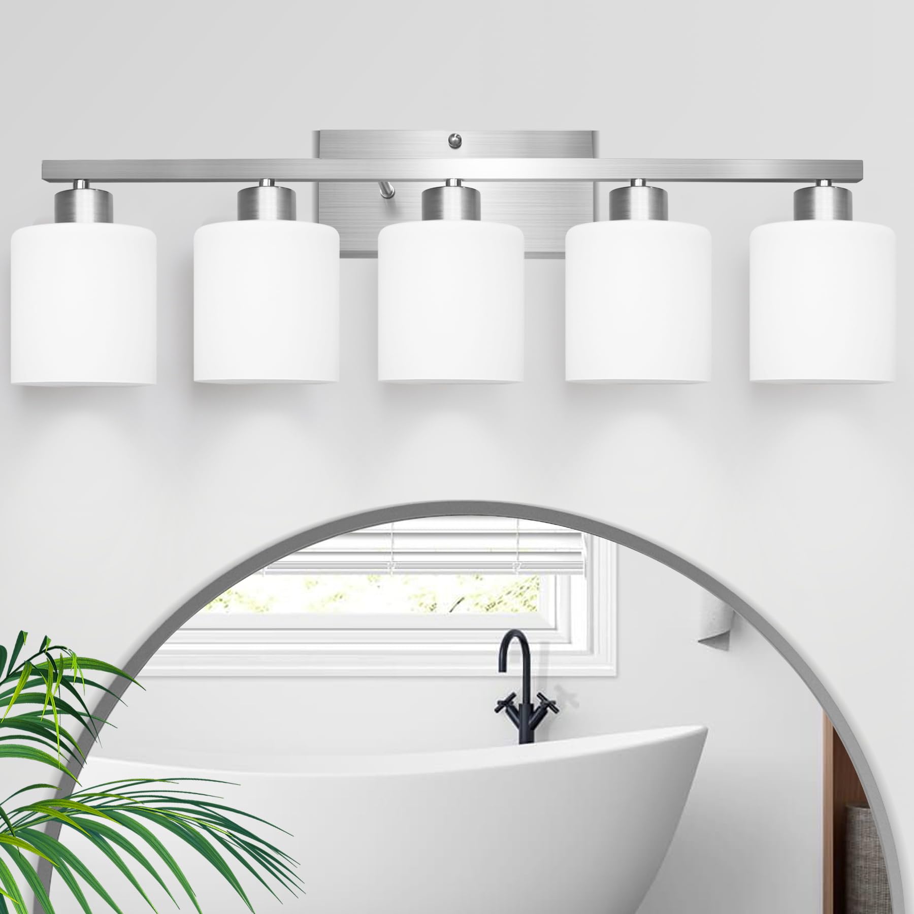 Silampdi 5-Light Bathroom Lighting Fixtures Over Mirror  Brushed Nickel Bathroom Vanity Light  Modern Rustproof Wall Sconce Lights  Milky White Frosted Glass Shades  E26 Base  Bulbs Not Included