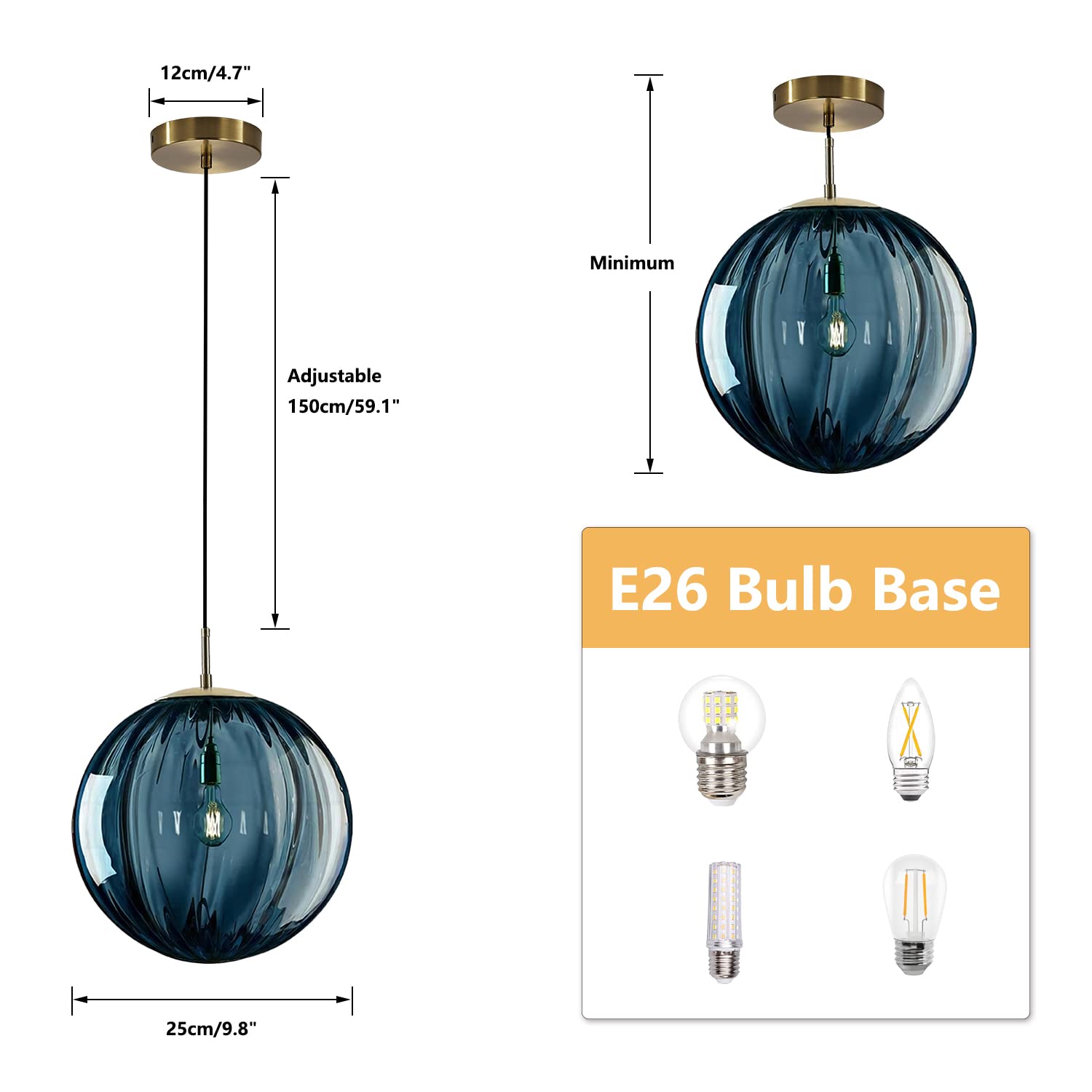 KCO Lighting Modern Pendant Light - 1-Light Ribbed Glass Fixture - 9.8in - Blue - Metal - Model L1124-Blue-L