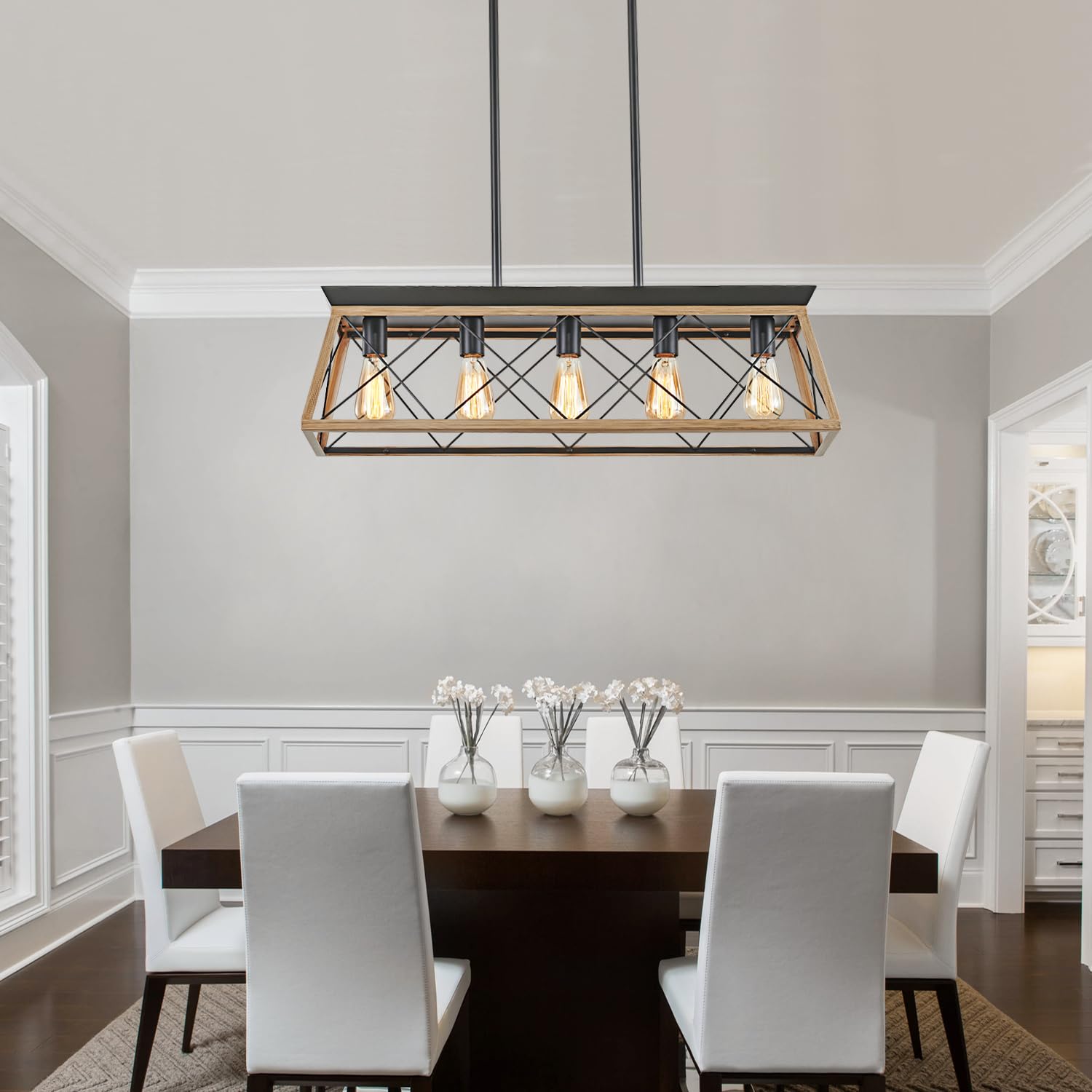 Huixute 5-Light Farmhouse Dining Room Chandelier Over Table, Rustic Kitchen Island Lighting, Adjustable Height Pendant Light For