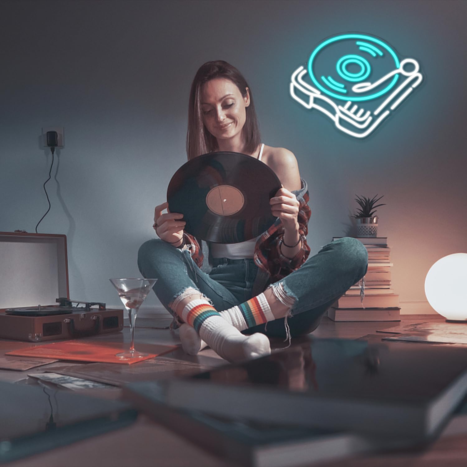Lmsignly Record Player Neon Sign Retro Blue White Music Record Neon Light Neon Signs For Music Studio Decor Live Music Neon Light Sign For Bedroom malt-inspired Bar Decoration