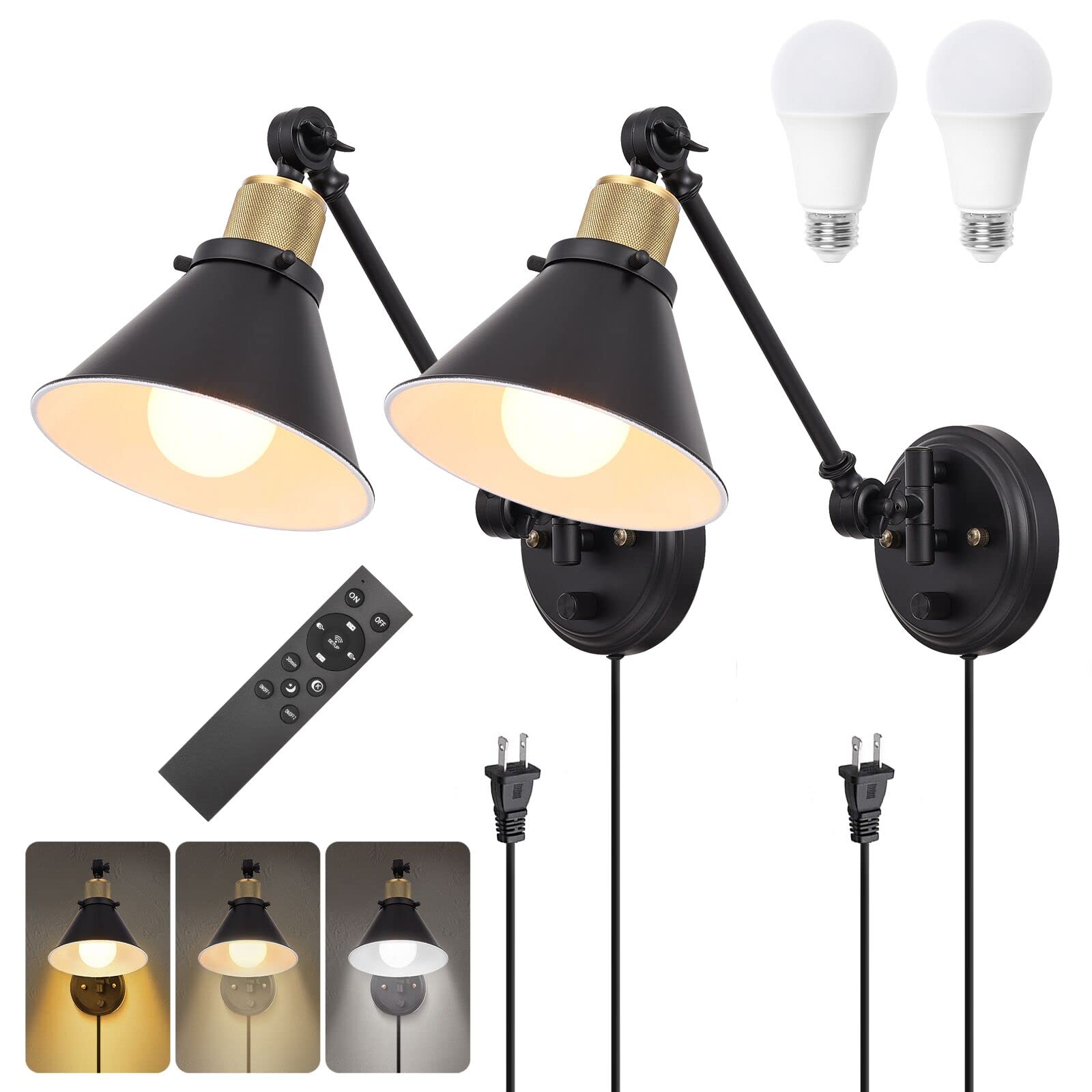 TRLIFE Dimmable Wall Sconce with Remote Control, Adjustable Color Temperature 2700K-6000K, 2 Pack, Black, Metal