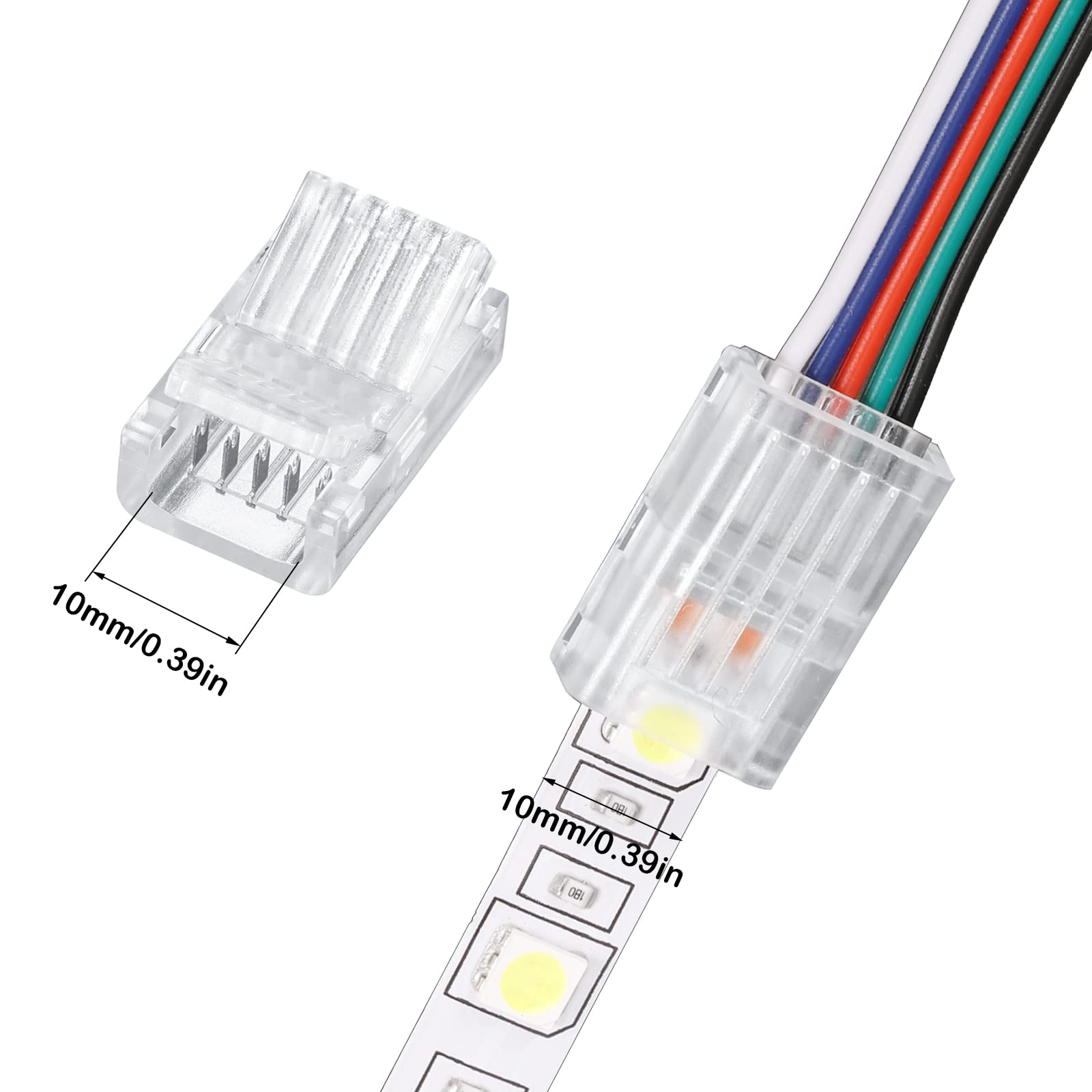 Flutesan LED Strip Connector, 20 Pcs, 5 Pin 10 mm, Waterproof Adapter, RGB Lights, Transparent
