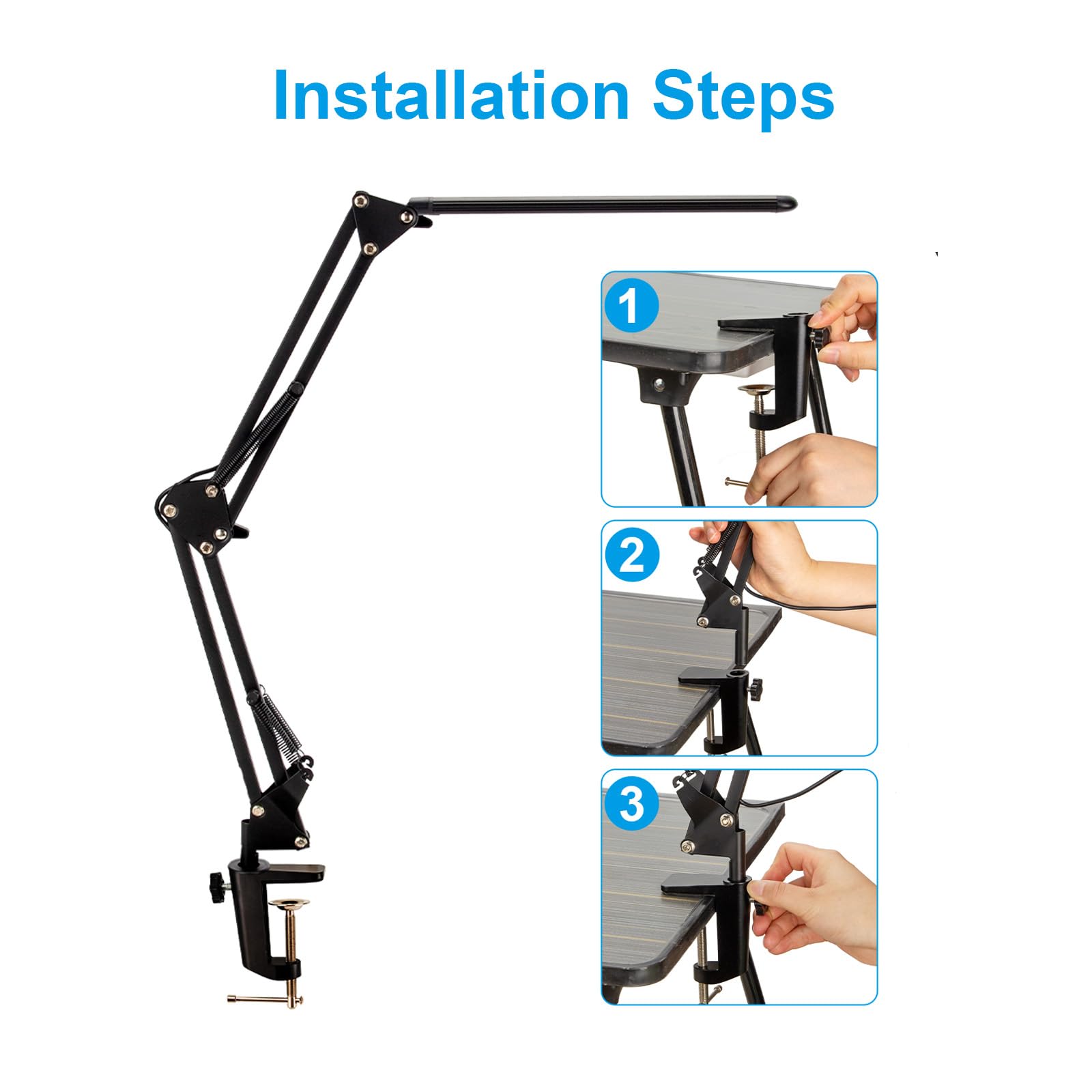 Taigeguang LED Desk Lamp,Eye-Caring Metal Swing Arm Desk Lamp with Clamp,10 Dimmable Brightness 3 Light Modes Reading Lamp,Desk