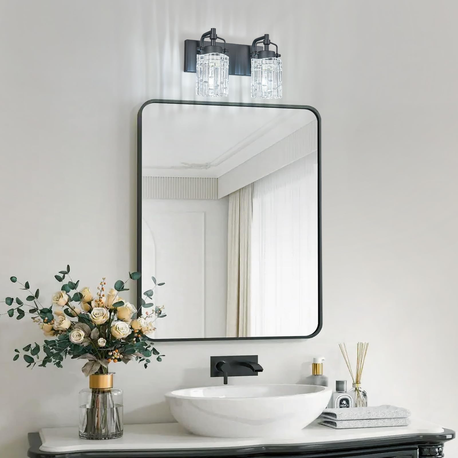 BNHHLZ Bathroom Vanity Light 2-Light Black Metal Fixture with Crystal Glass Shade, Model 4132