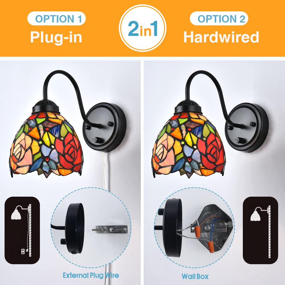 Dengmall Tiffany Rose Wall Mount Lamp, Dimmable Vintage Gooseneck Sconce For Bedroom & Living Room