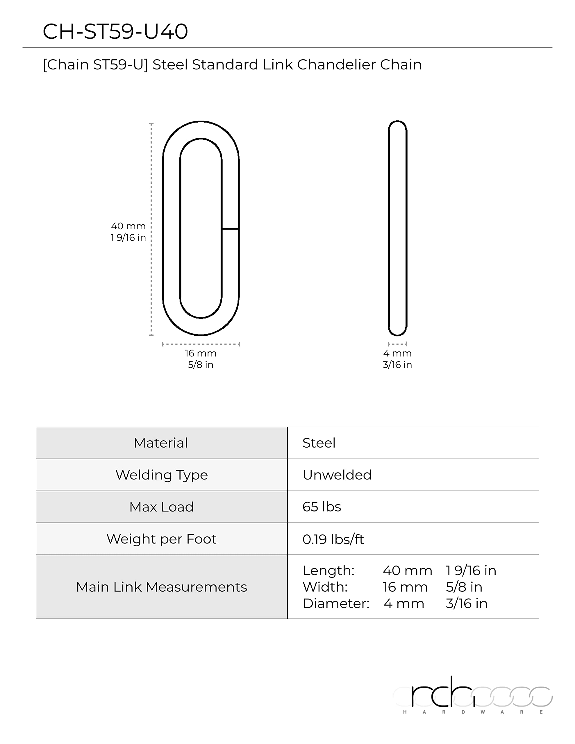 RCH Hardware Steel Fixture Chain, 3FT, Polished Chrome, Model CH-S59-395-PC-3