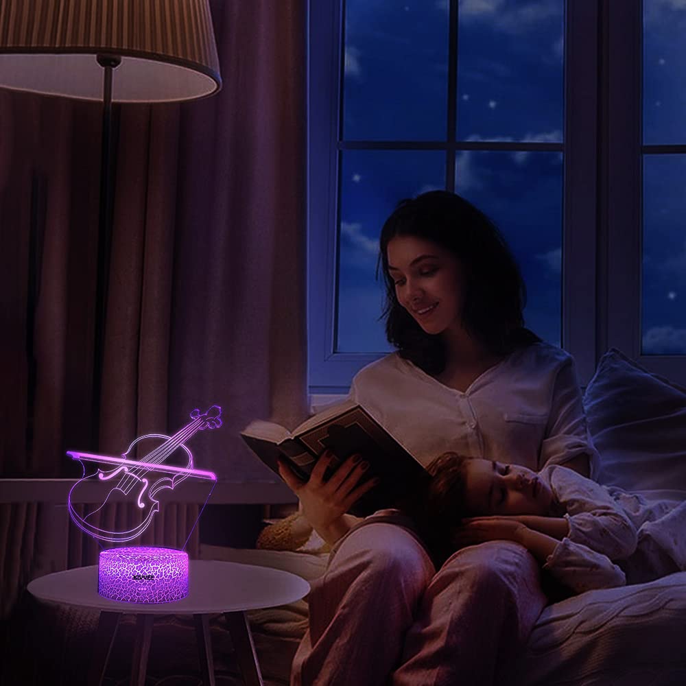 LLUUKK Violin Fiddle 3D Night Light Desk Lamp - 7 Color Touch, USB, Acrylic, White, Model luk020