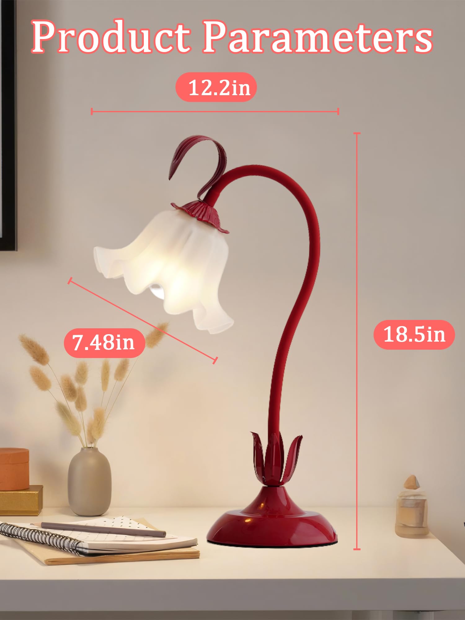 WULCFCH Flower Table Lamp, LED Bedside Lamp, 3 Color Modes, Acrylic, Red, Model huadeng-1