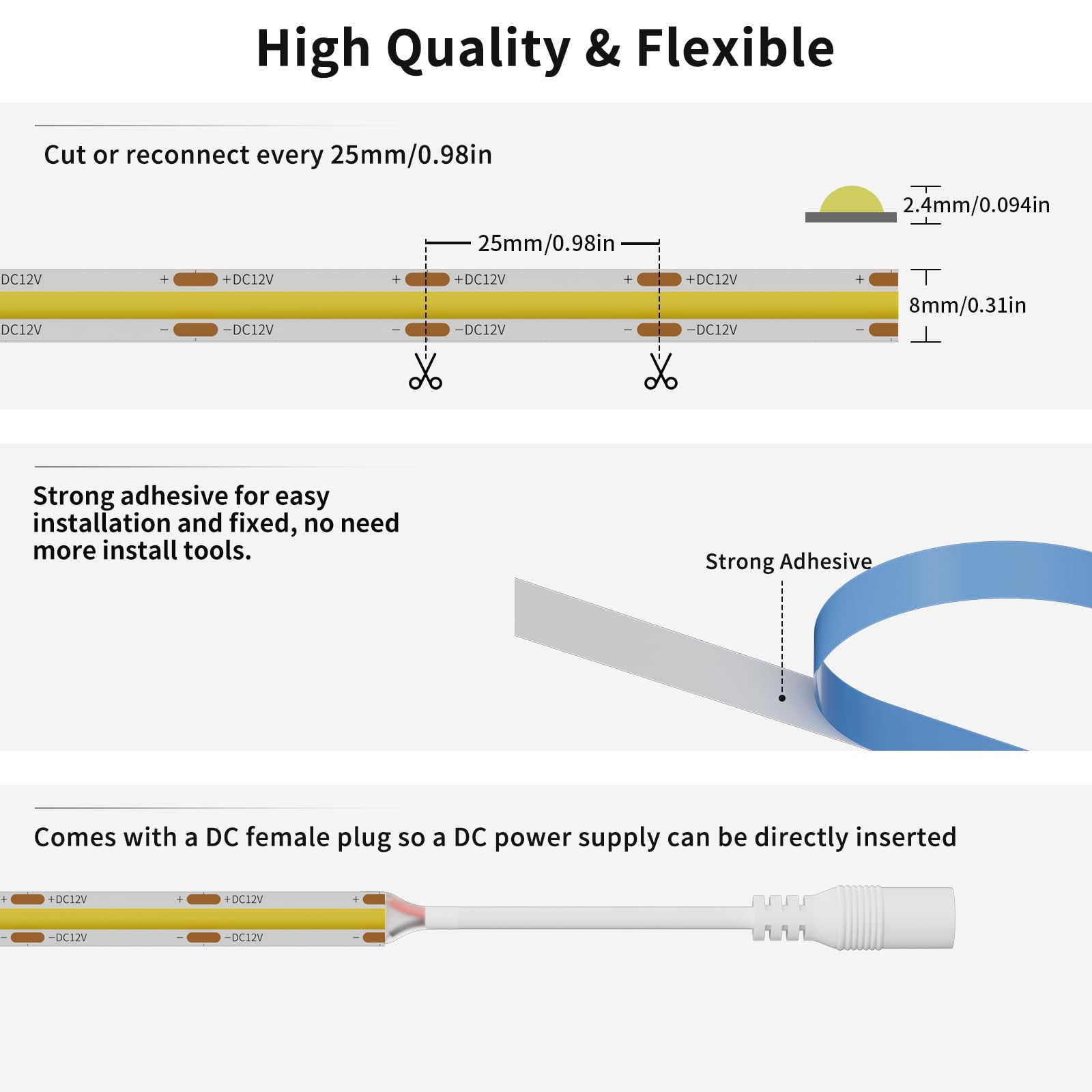 Gingsow Cob Led Strip 12V 16.4Ft 2400Leds Natural White 4000K,Cri90+ Dimmable Super Bright Flexible Led Tape Lights With Rf Dimm