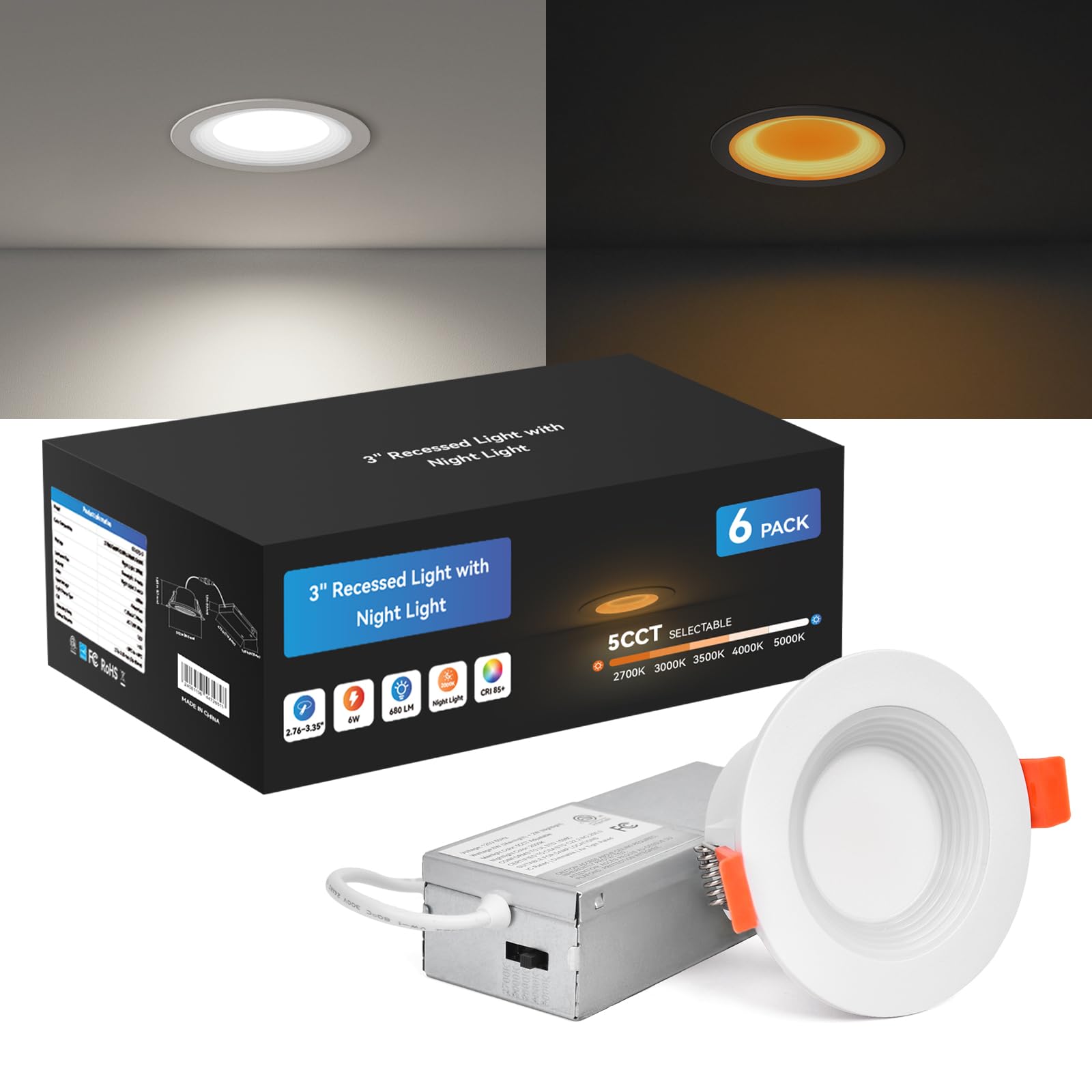 Cycevsun 3 Inch Recessed Led Lights  Switchable Night Light & Main Light  5 Color Temperatures 2700K-5000K  Dimmable Canless Downlight For Cozy Home Lighting  6W/2W  Etl  6 Pack