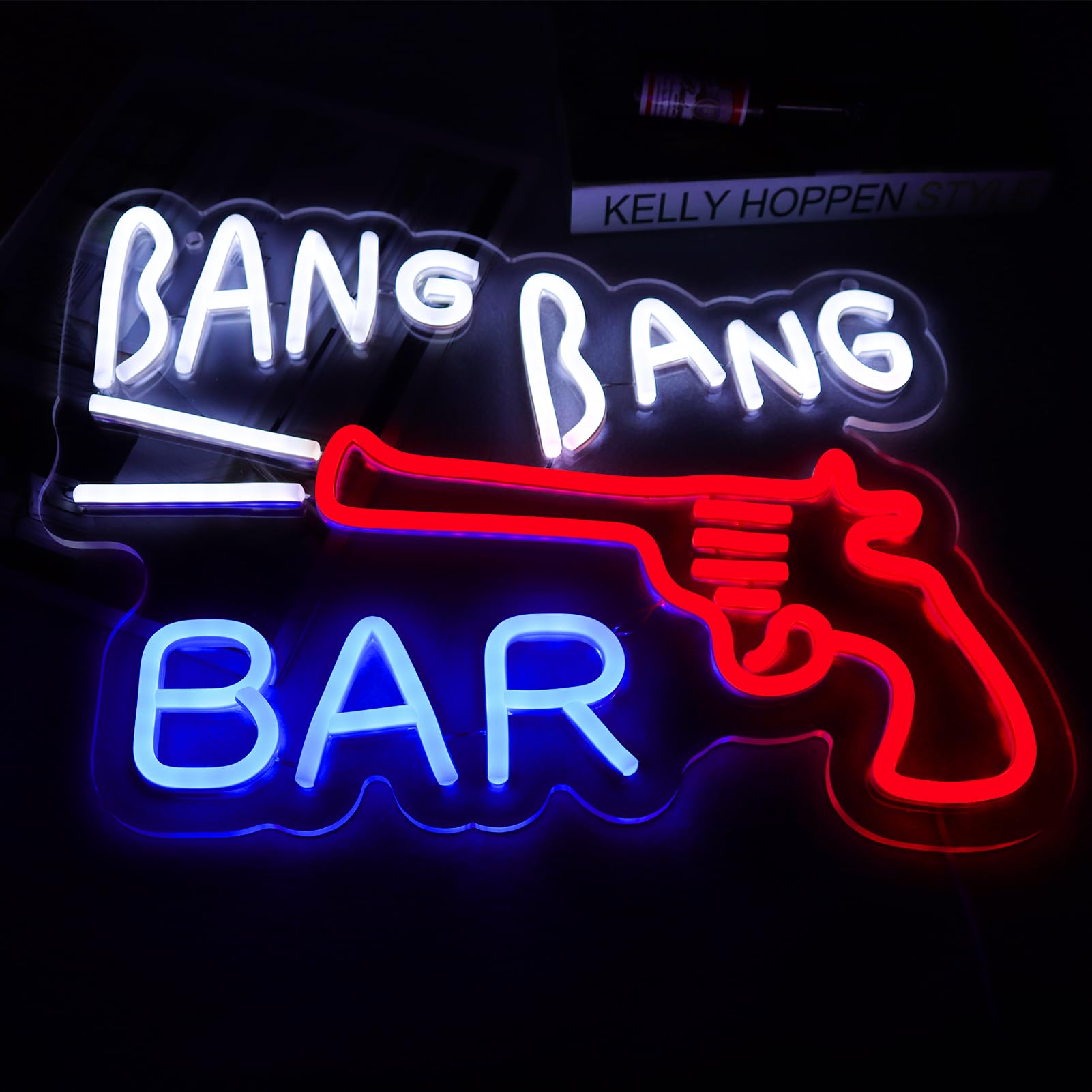 JFLLamp Neon Sign - BANG BANG BAR Wall Decor, 12.2x15.4 Inch, Blue/Red/White, LED Light for Bedroom, Pub, Restaurant, Christmas Gift