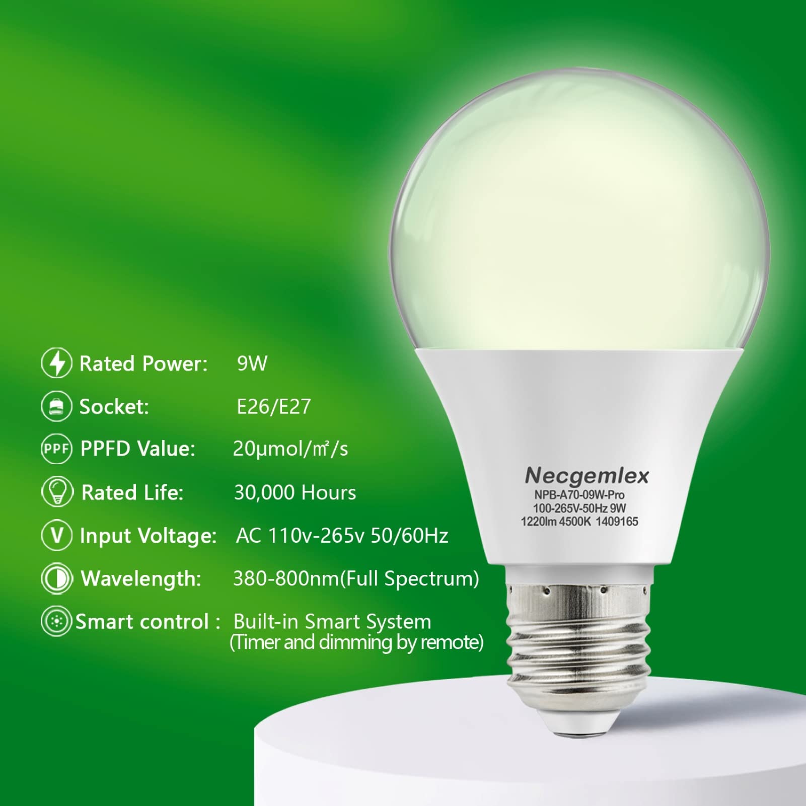 Necgemlex Smart Led Grow Light Bulbs With Remote Controller, Sun Mode, Built-In Daily Auto Timer, 4500K, A21/A70 E26/E27 9W Dimmable Full Spectrum Grow Bulbs For Indoor Plants, 2 Pack