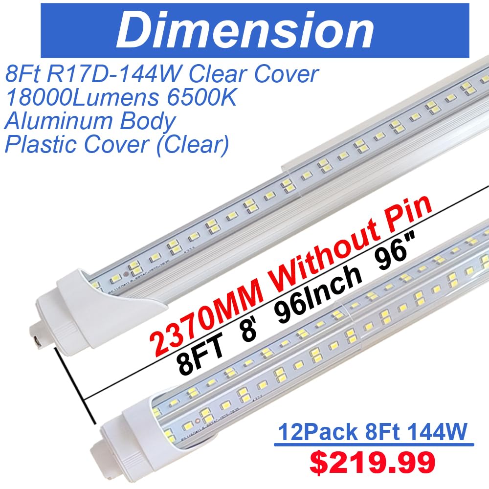 CAIKAG 8Ft LED Ballast Bypass Bulbs, 144W T8 R17D Tube, 18000LM Cold White, Silver, 12Pack