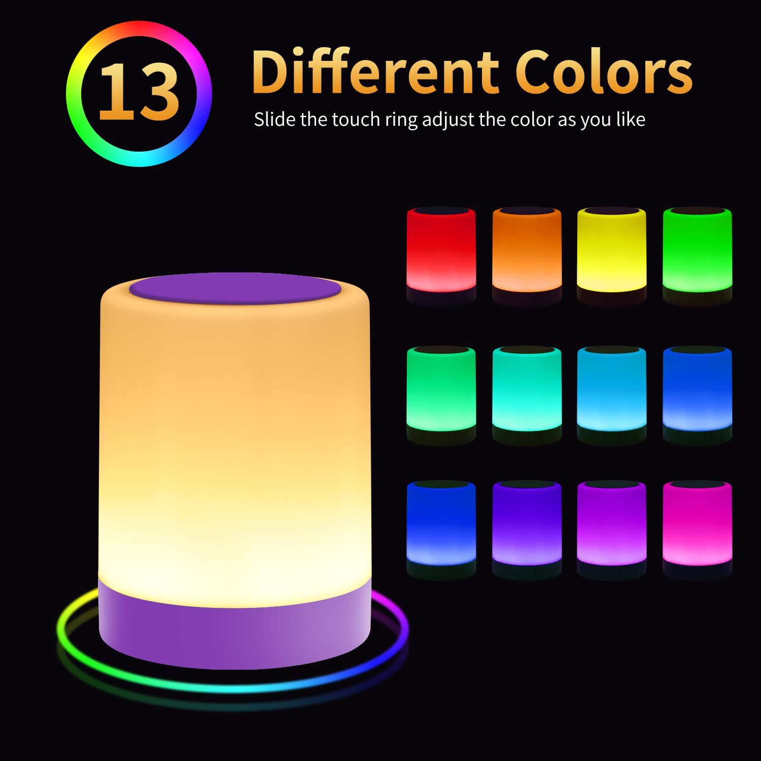 OORUN Touch Bedside Table Lamp, USB Rechargeable, 13 RGB Colors, 5 Brightness Levels, 3.74inD x 3.74inW x 4.8inH