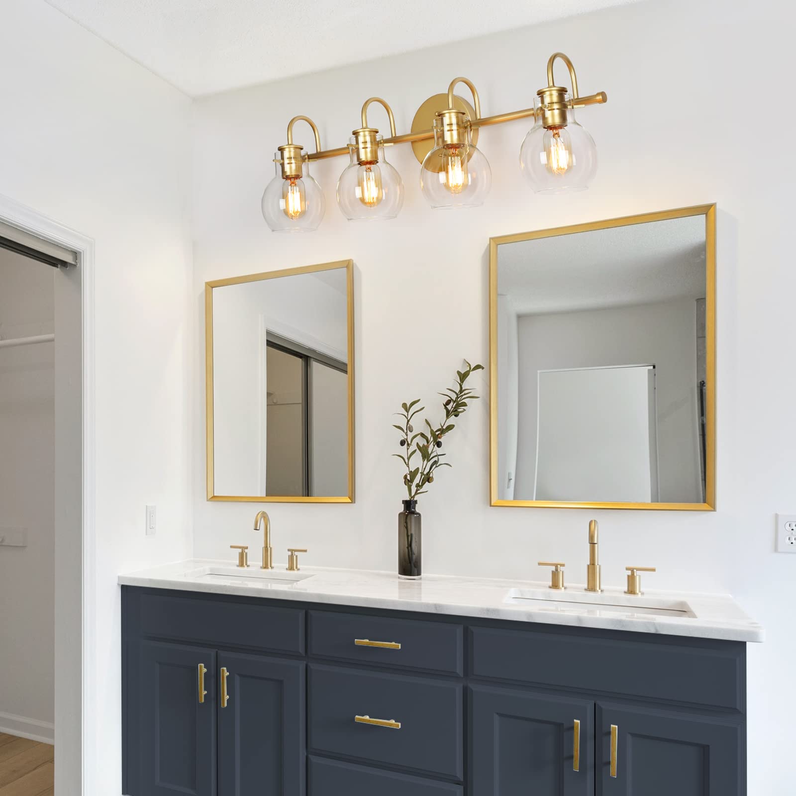 Ksana Bathroom Vanity Light, 4-Light 28.5'' Large Gold Bathroom Light Fixtures, Modern Vanity Lights For Bathroom With Globe Cle