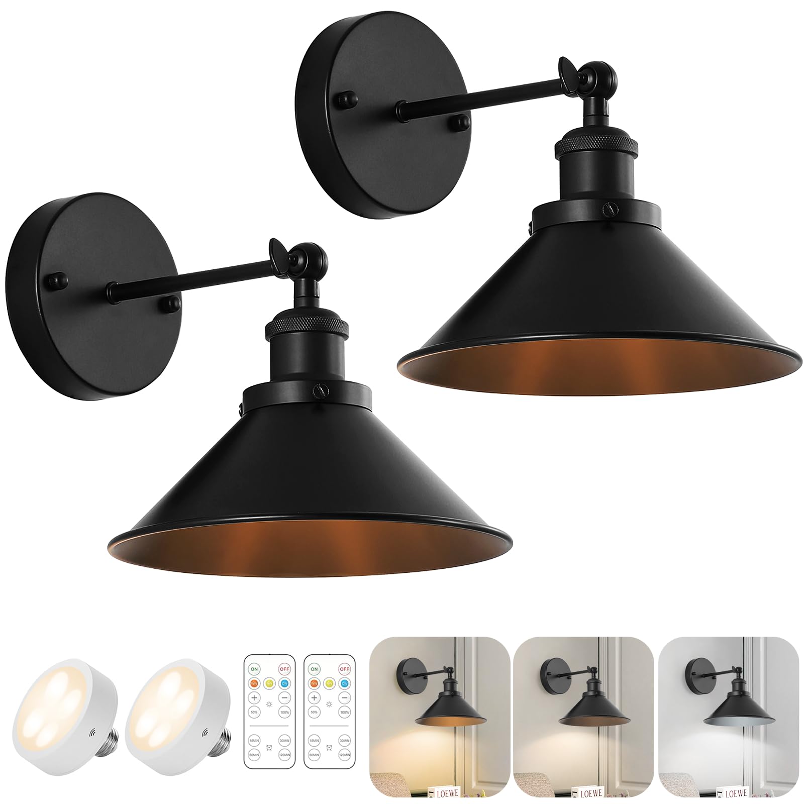 Bailoch Black Vintage Wireless Battery Operated Wall Sconces, Industrial Cordless Battery Powered Led Wall Lights Set Of 2, Wall