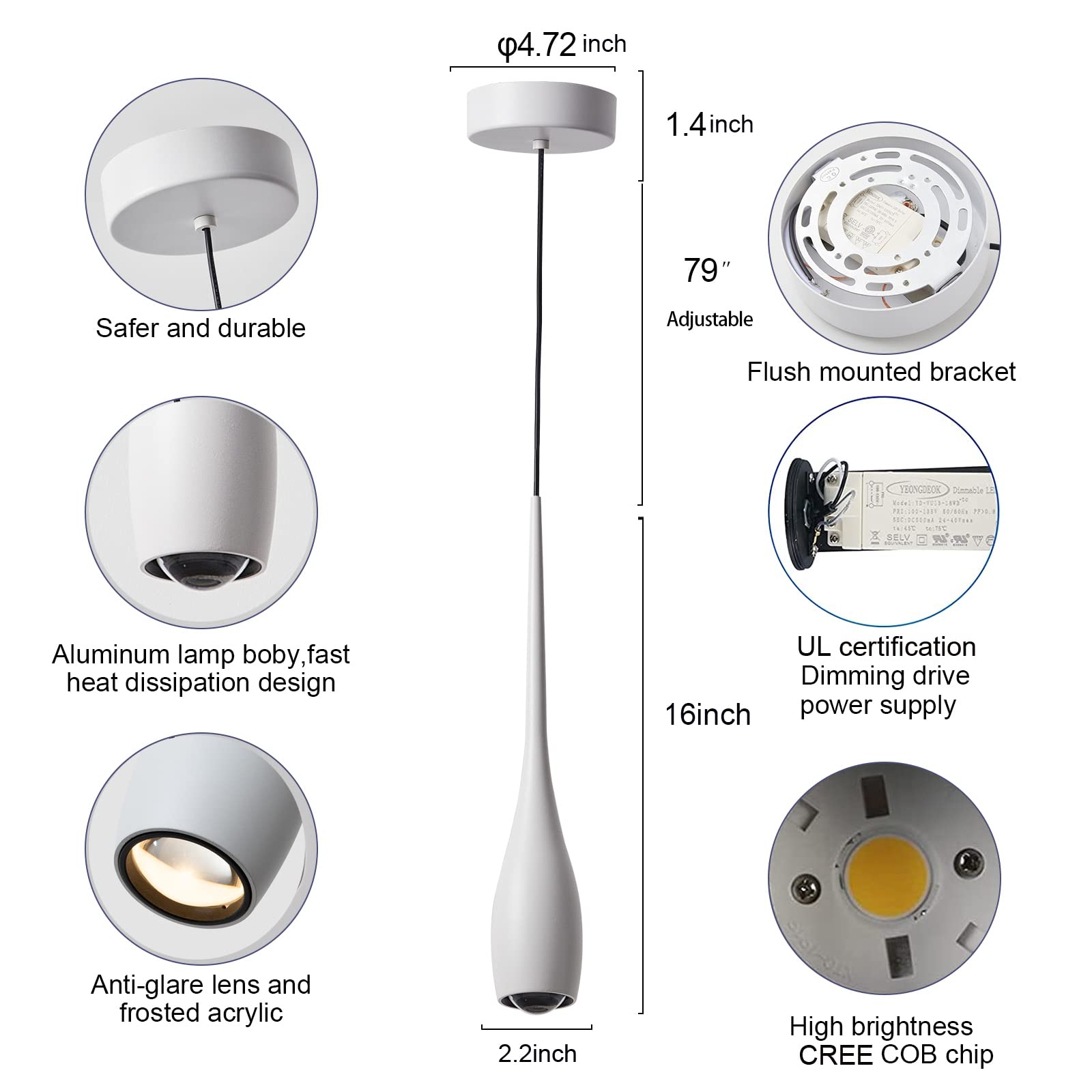 Julin Home White Pendant Light For Kitchen Island, Led Dimmable Pendant Light Fixtures, Small Modern Industrial Hanging Pendant