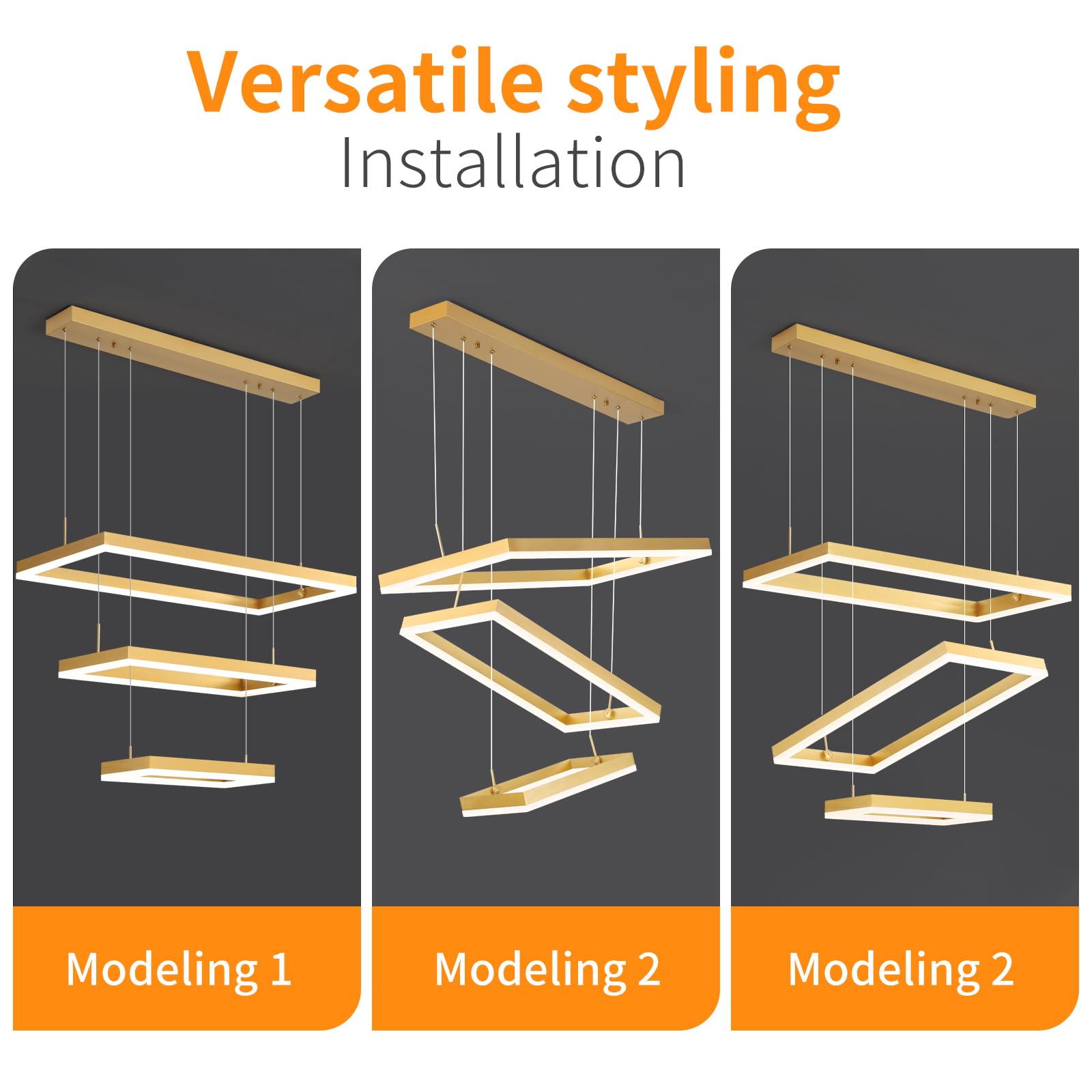 Matven Modern LED Pendant Light Fixture, 3-Ring Rectangular Chandelier, Remote Control Dimming, Adjustable Height, Gold, 15.7-31.4 inches