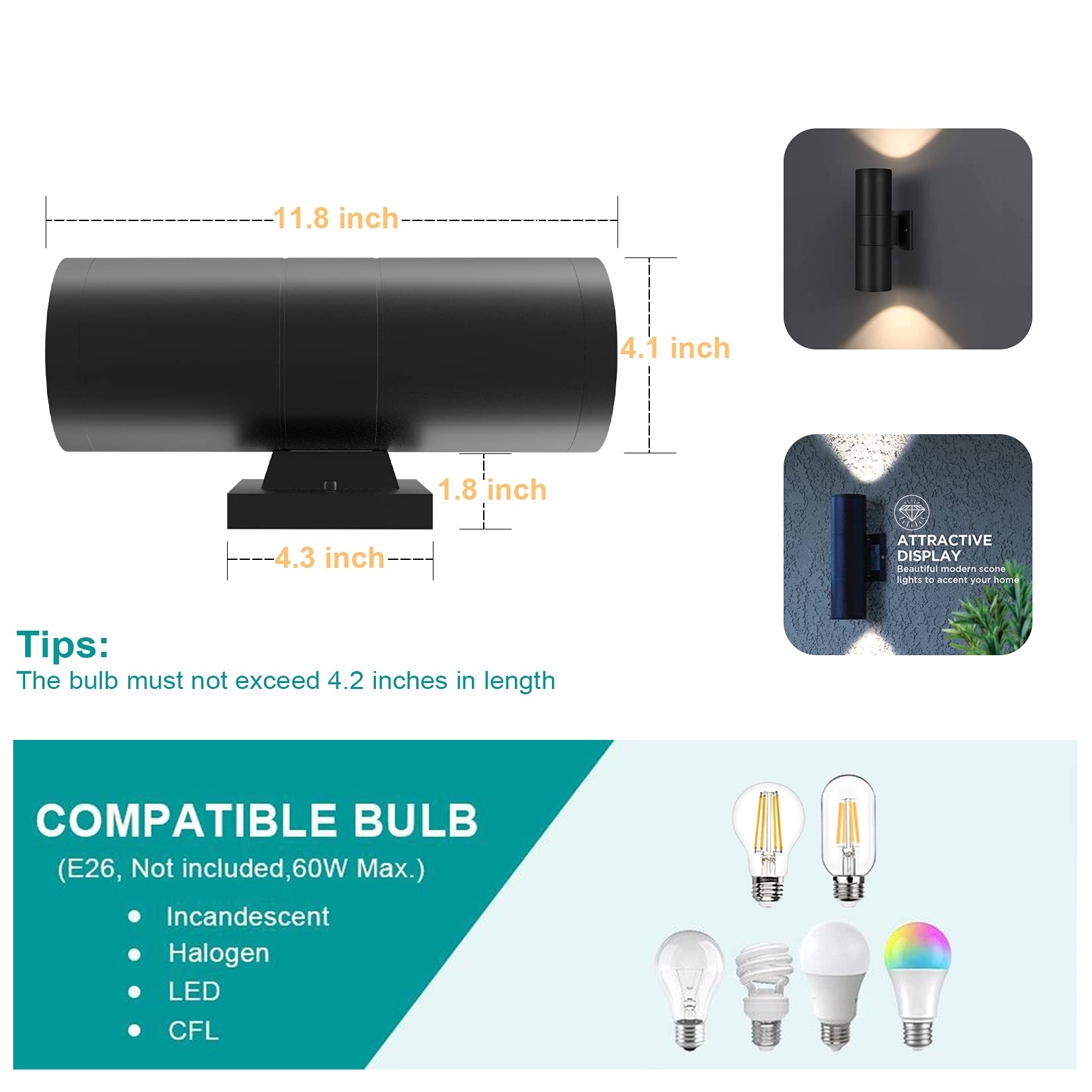 Tipace Modern Outdoor Porch Lights - Matte Black Cylinder Wall Fixtures, Dusk To Dawn Sensor, Aluminum, 2 Pack