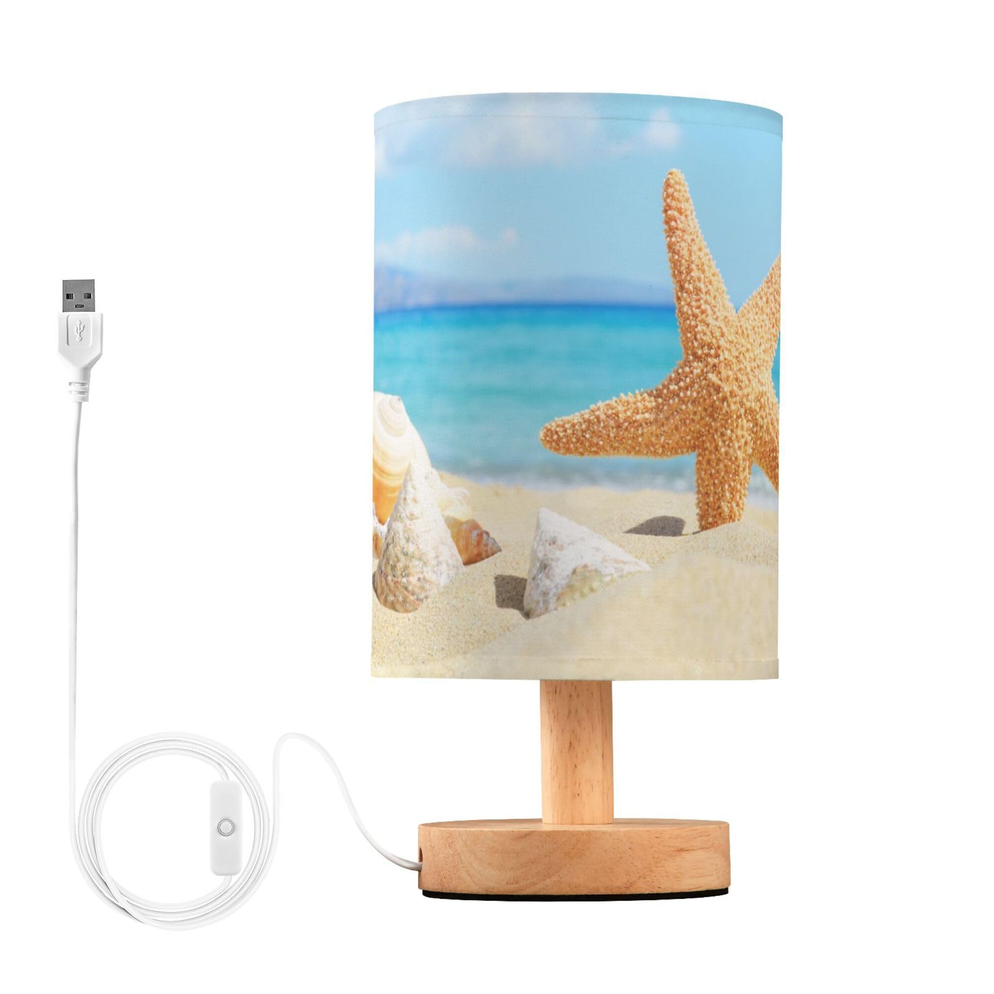 YYZZH Table Lamp Ocean Beach Starfish Seashell Stone Blue Sky Nightstand Lamp with Wood Base Fabric Lamp Shade Bedside Desk Lamp