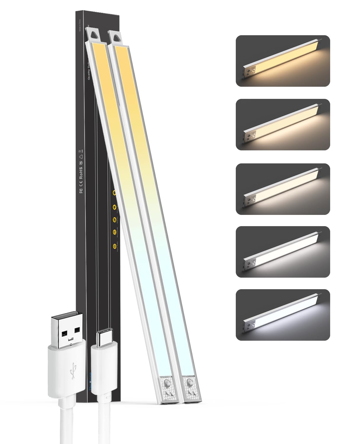 Under Cabinet Lights, 24'' LED Motion Sensor 5CCT Dimmable Lighting, 2500mAh Rechargeable Closet Light Battery Operated Under Co