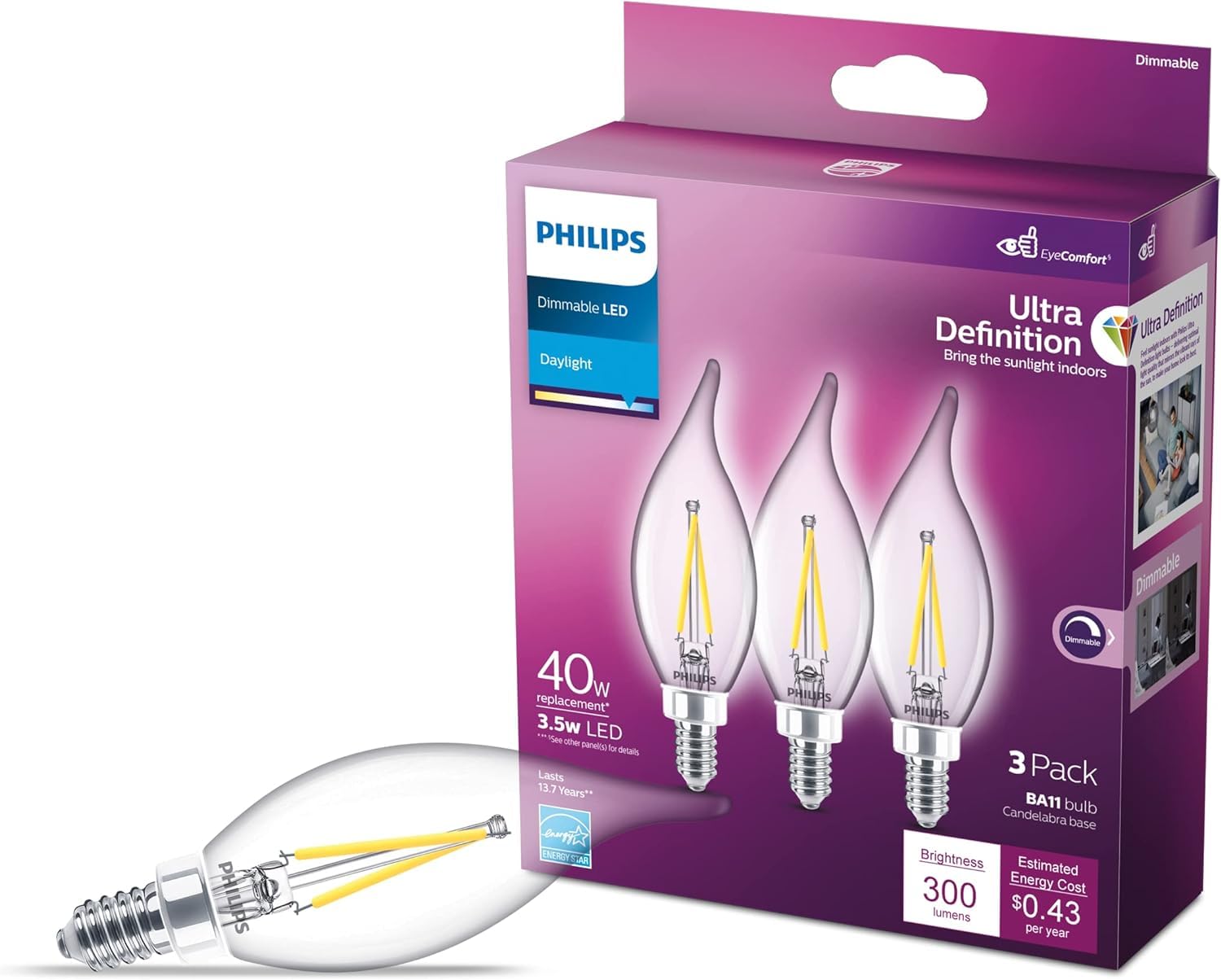 Philips Led Ba11 Candelabra Led Light Bulbs - Flicker-Free 40W Light Bulbs With Eyecomfort Technology - Daylight 5000K Lightbulb