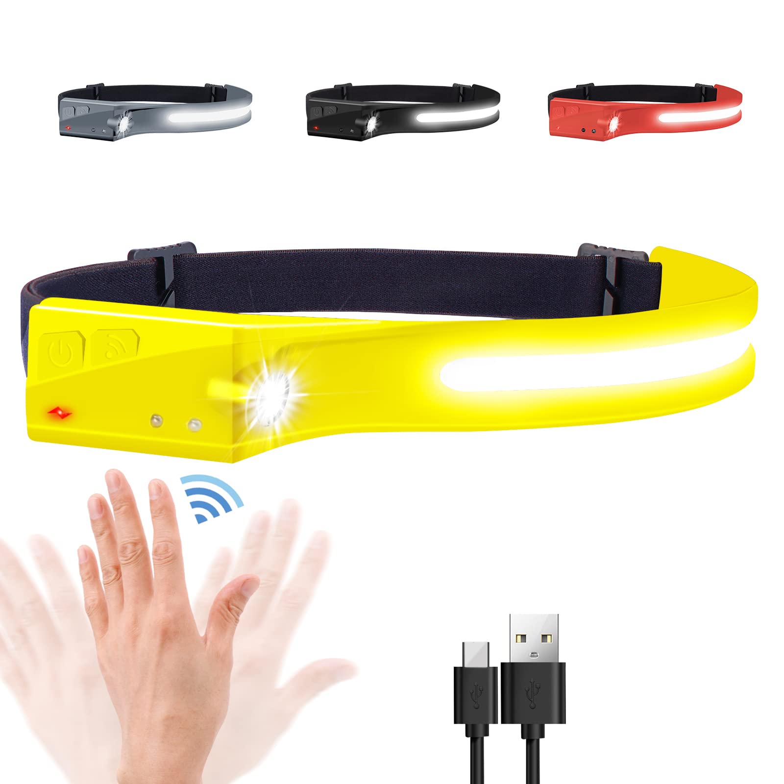 EGUKU Headlamp Flashlight 1200 Lumens Rechargeable LED 2 COB 230° Wide Beam Waterproof Lemon Yellow Model 1934