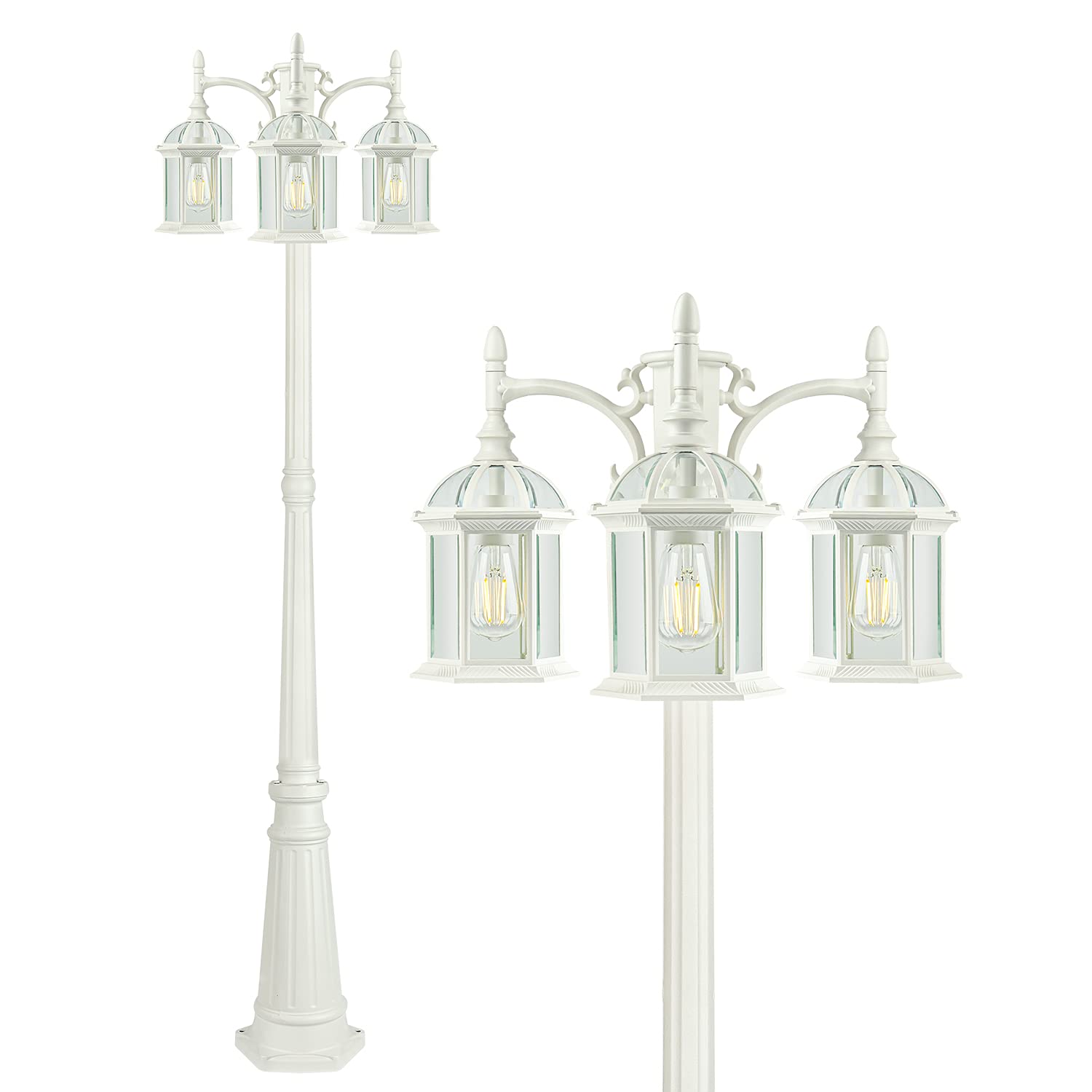 PARTPHONER 3-Head Outdoor Lamp Post Light, Waterproof White Birdcage Design, Clear Glass Shade, Model PA1201White
