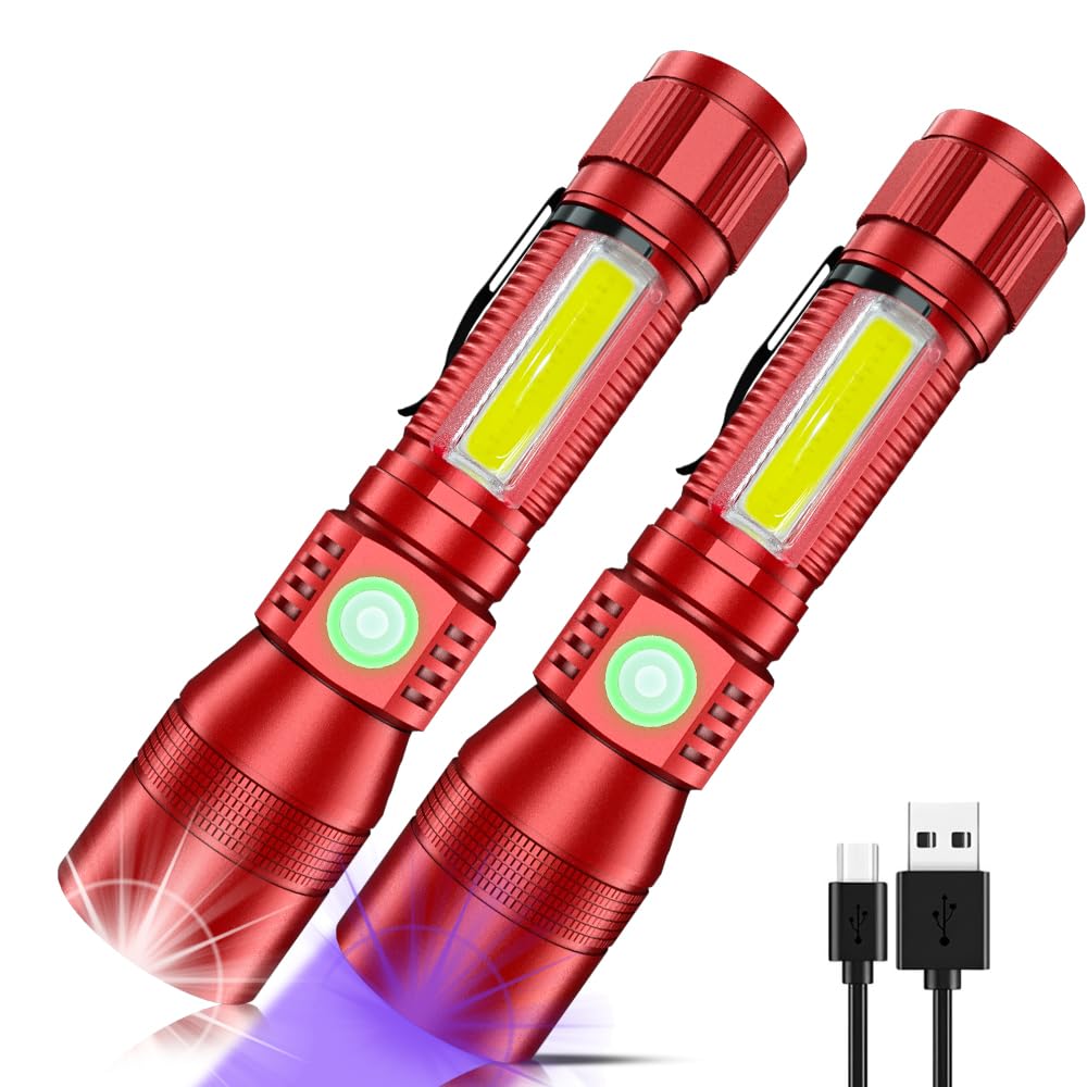 Spriak UV Flashlight Rechargeable 3-in-1 Tactical LED Torch, Zoomable, Waterproof, Red, Model Spriak-USB016-2PACKRED, 2 Pcs