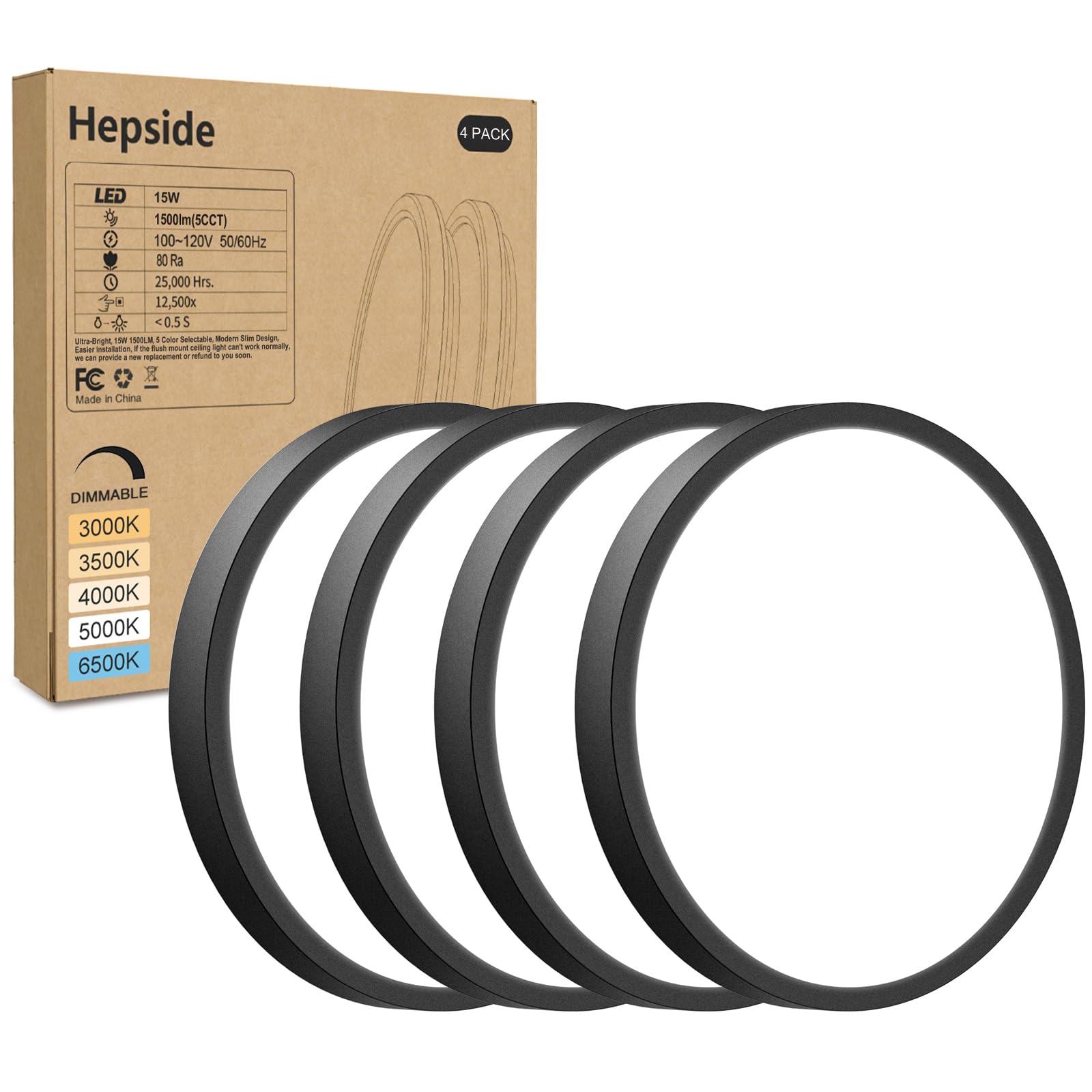 Hepside 4Pack LED Flush Mount Ceiling Light Fixture, Dimmable 3000K-6500K, 7Inch, Black, Plastic