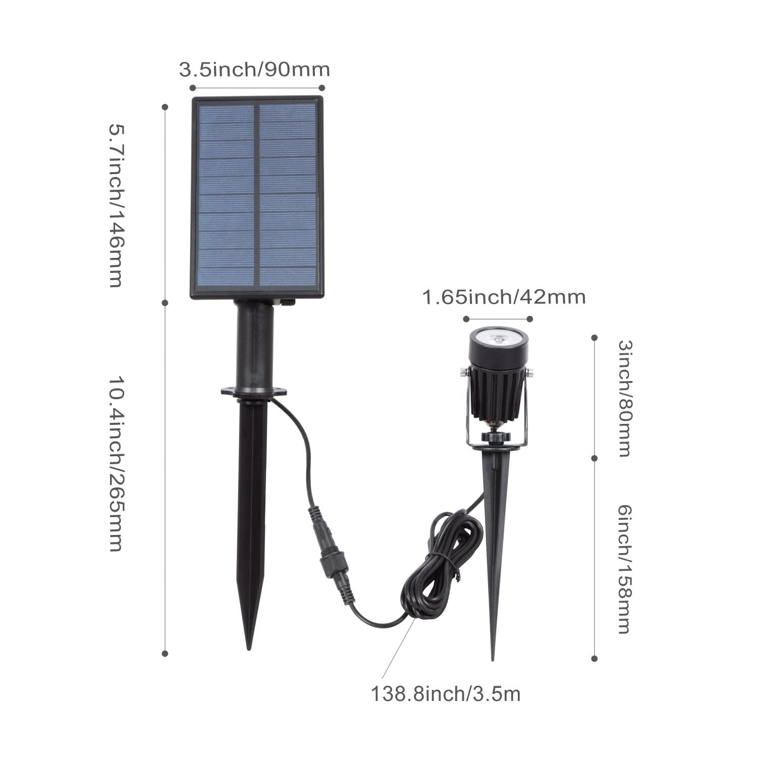 T-SUNUS Solar Landscape Spotlights, IP65 Waterproof, 2000mAh Solar Panel, 9.8ft Cable, White 6000K, Model TS-S4201
