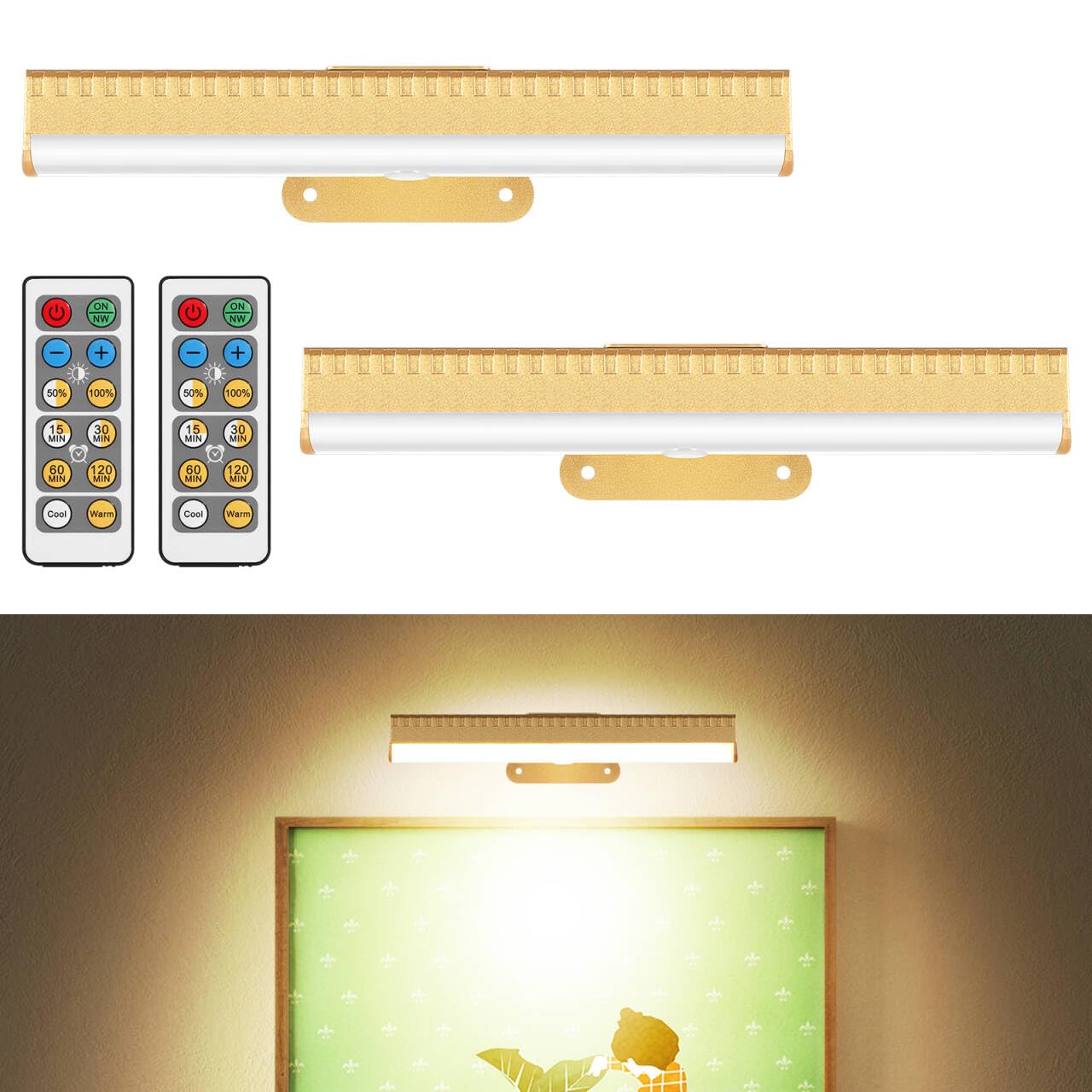 Hiptoking 2Pcs Picture Light For Wall Dimmable Remote discomfort-reducingting Light With Timer Art Display Lighting With 3 Color  Battery Operated Led Accent Lights For Poster Frame Gallery Portrait Artwork-Gold