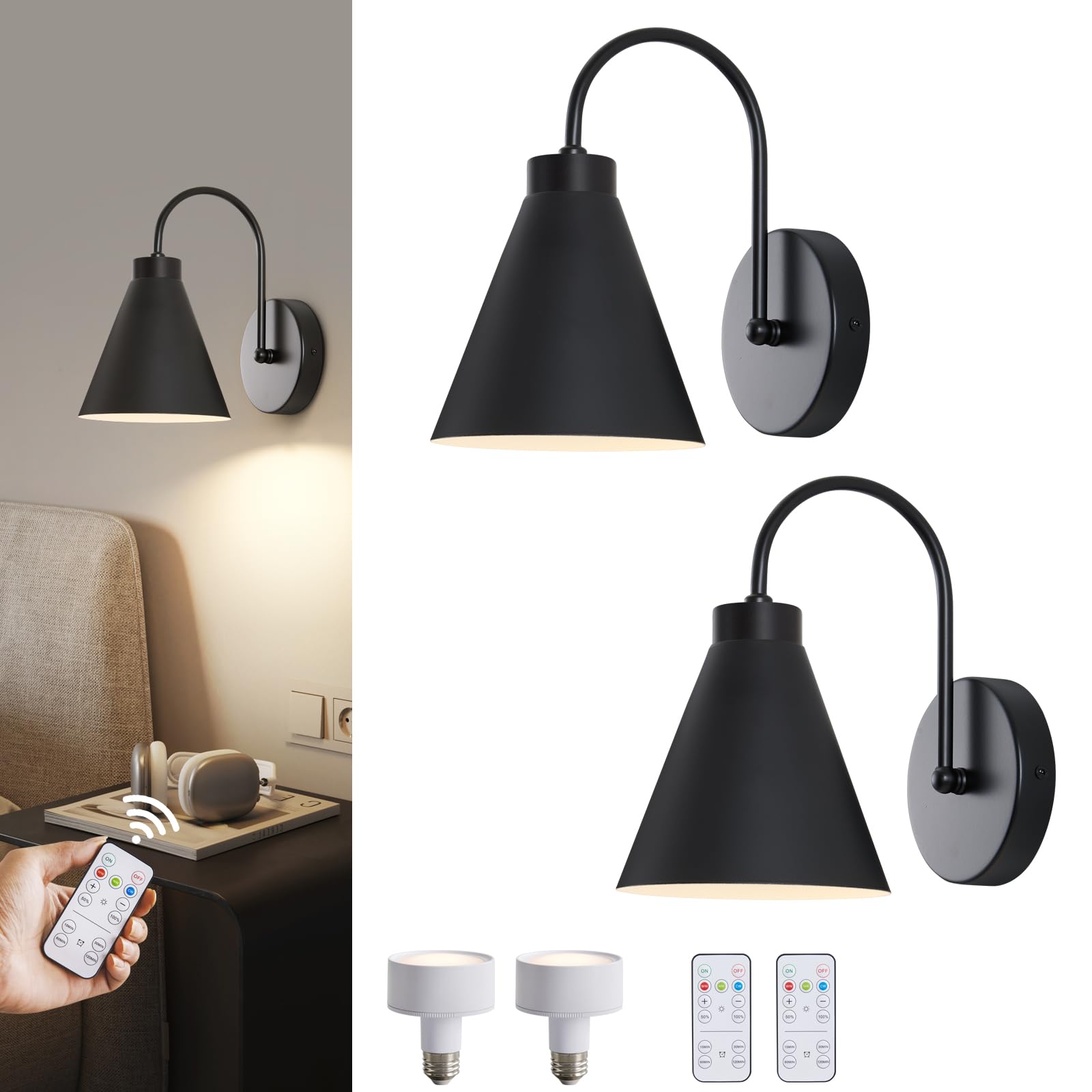Powfloven Vintage Cordless Gooseneck Battery Operated Wall Sconces Set Of 2, Black Bedside Battery Powered Wall Decor Lamps With