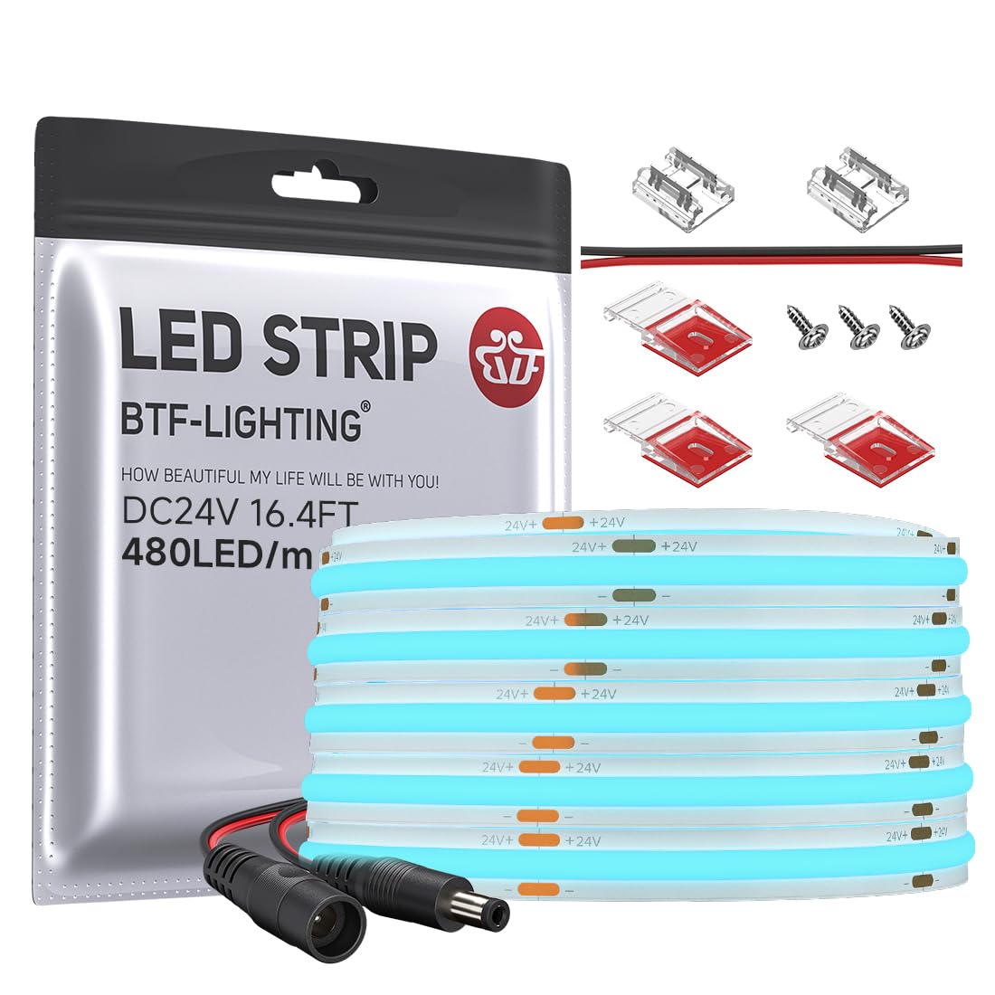 BTF-LIGHTING FCOB COB LED Strip Ice Blue Color 480LED/m 16.4FT DC24V Flexible High Density Uniform Light 8mm Width Bright Dimmab