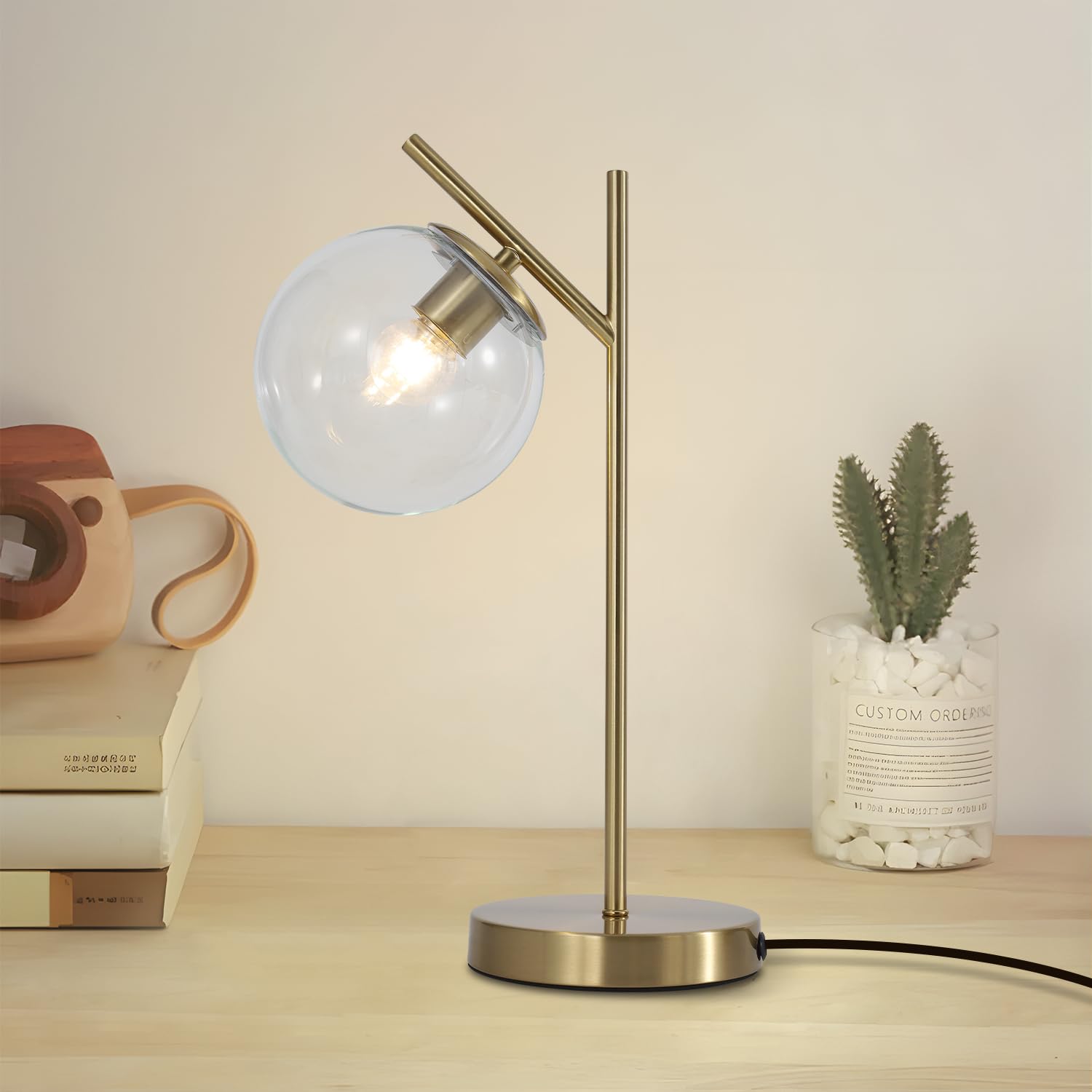 Fulesi Mid Century Modern Table Lamp Contemporary Metal Brass Bedside Lamps with Clear Glass lampshade Gold Globe Nightstand Lam