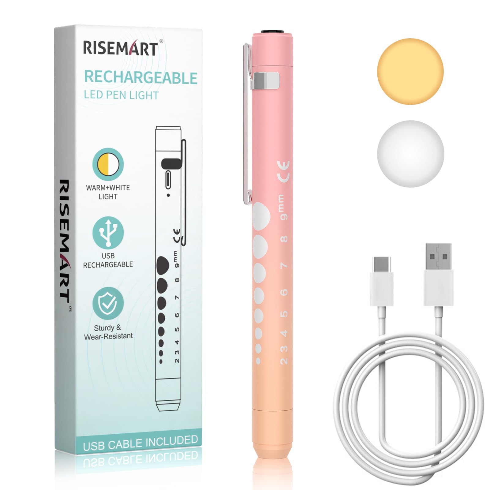 RISEMART Rechargeable Pen Light for Nurses - LED, USB Charging, Dual Light Modes, Aluminum, Orange Pink Gradient, Model LC-Z664-5-US