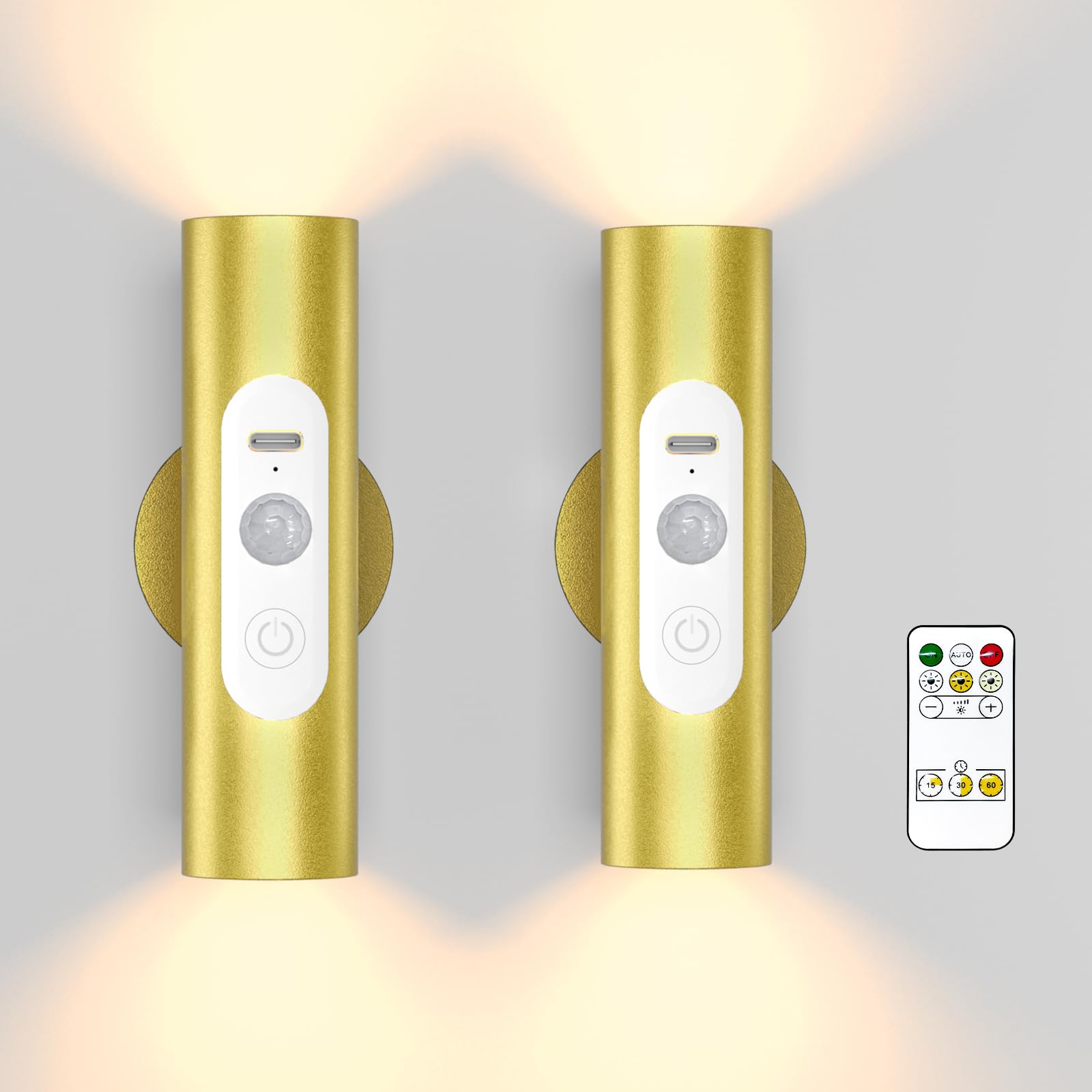 WOBSION Motion Sensor Wall Light, Rechargeable, 3 Color Modes, Aluminum, Gold, 2 Pack, f1.18*4.37in, Model CL-K67-B