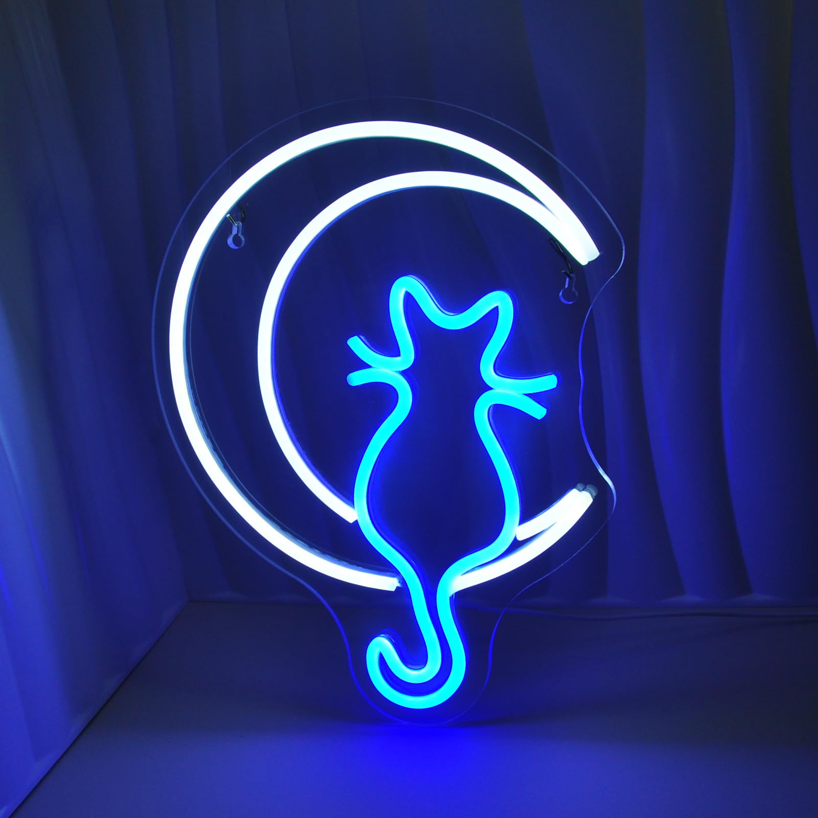 JEDAEMEN LED Neon Sign for Wall Decor - Moon Cat Design, USB Powered, Acrylic, 13.8 x 10.8 inches, White Blue