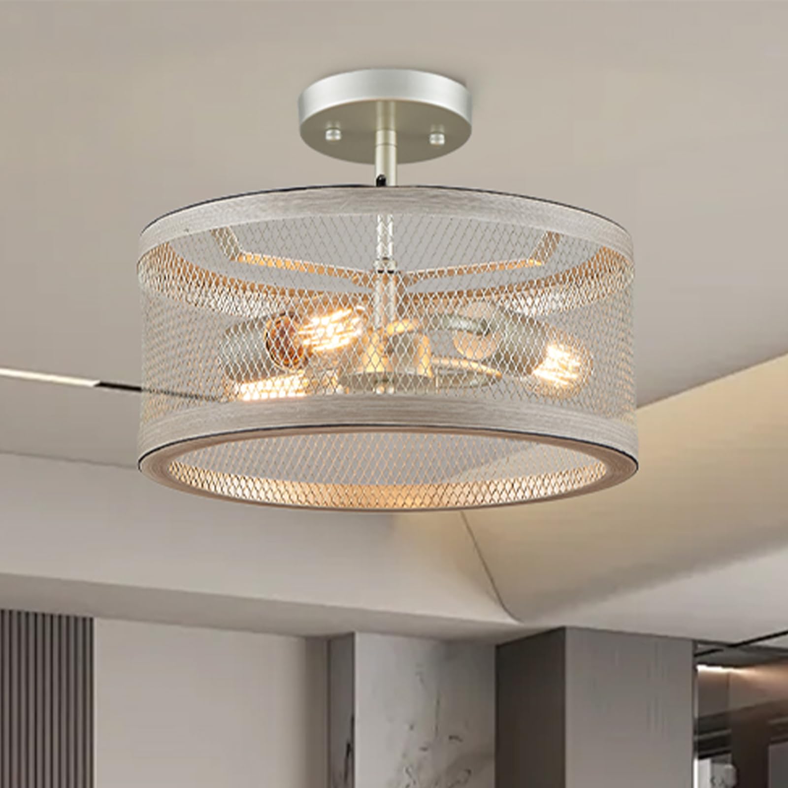 peskoe Modern Farmhouse 22'' Drum Chandelier - Nickel Metal & Wood Grain Pendant Light for Dining Room, Living Room, Kitchen, Bedroom