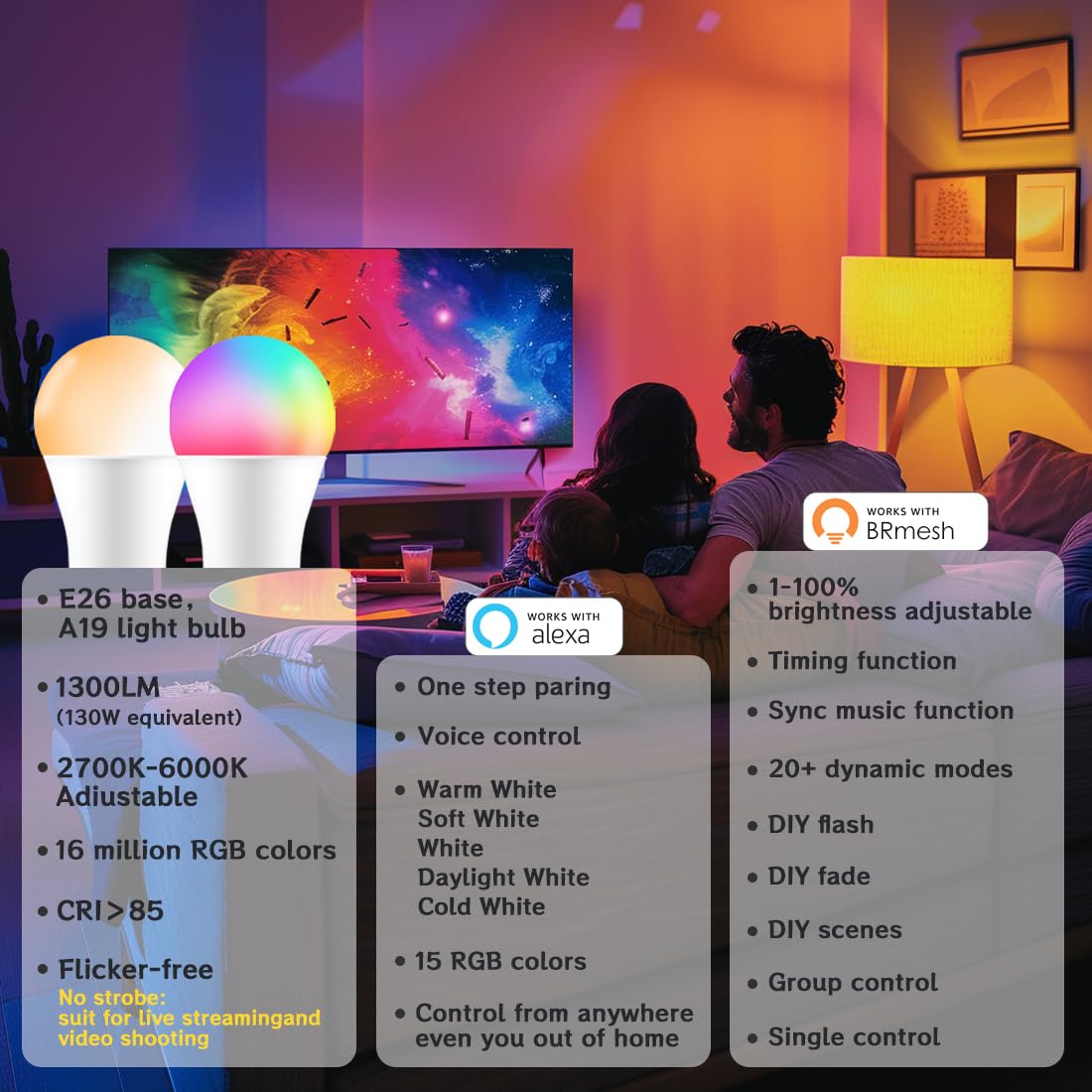 Ucb Smart Light Bulbs 130W Equivalent, Color Changing Light Bulb, Work With Alexa Only, 16 Million Colors Rgbww, Music Sync, Diy