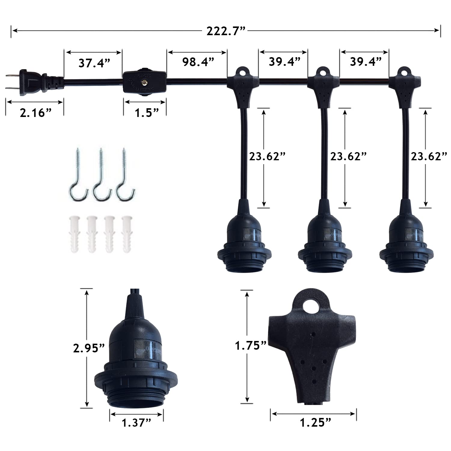 Fantado 19FT Triple Socket Black Pendant Light Cord, Durable Hanging Lamp Kit for Home, Shop, Garage with On/Off Switch, Model 19UL3SC-BK