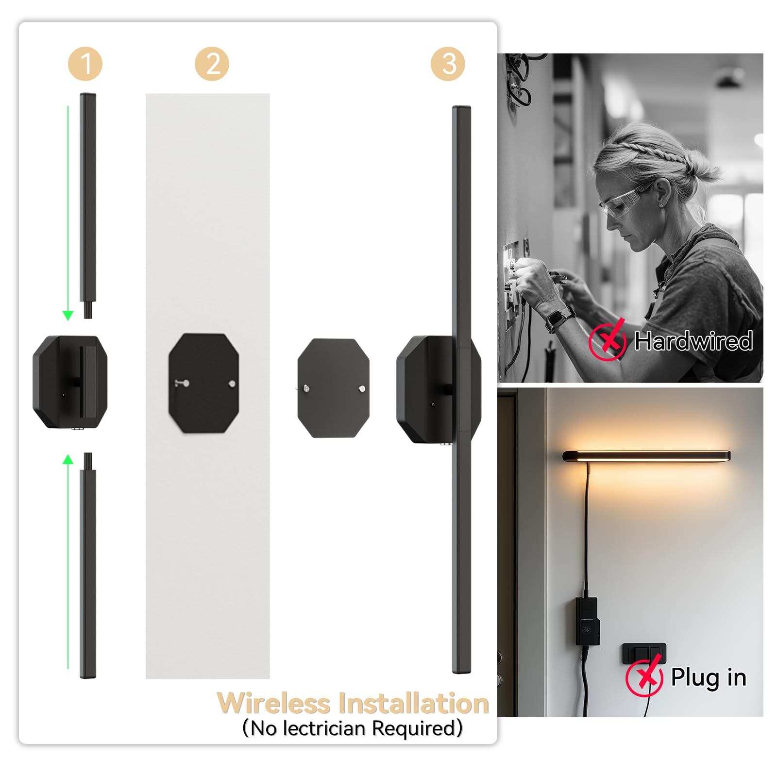 Hunhun Battery Operated Wall Sconce Set Of Two, 28 Inch, Black, Usb Rechargeable, Dimmable 3000K-6000K With Remote Control