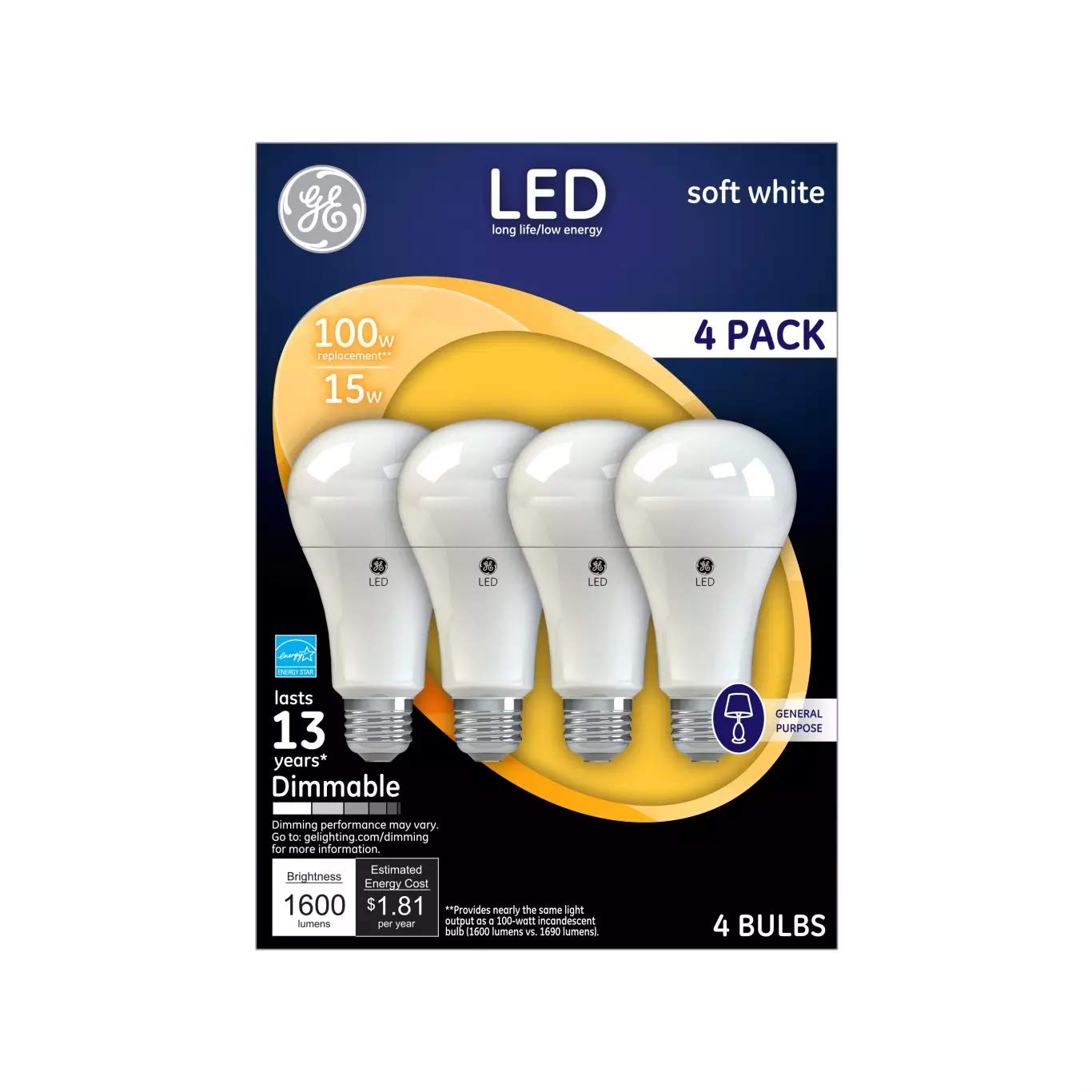 Ge Soft White 100W Replacement Led General Purpose Light Bulbs A19 (4 Pack)