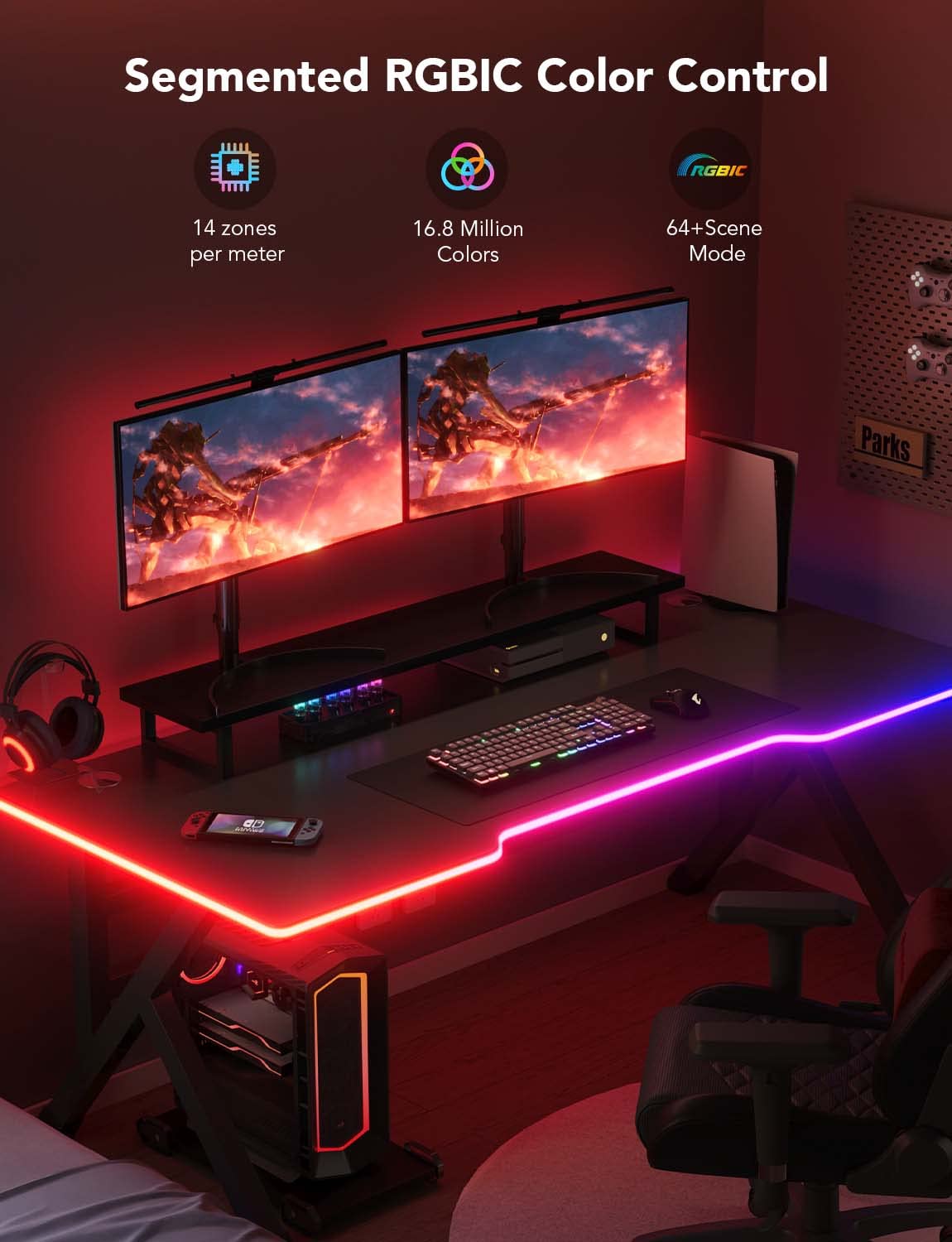 Govee Rgbic Gaming Lights, 10Ft Neon Rope Lights Soft Lighting For Gaming Desks, Led Strip Lights Syncing With Razer Chroma, Support Cutting, Smart App Control, Music Sync, Adapter (Only 2.4G Wi-Fi)
