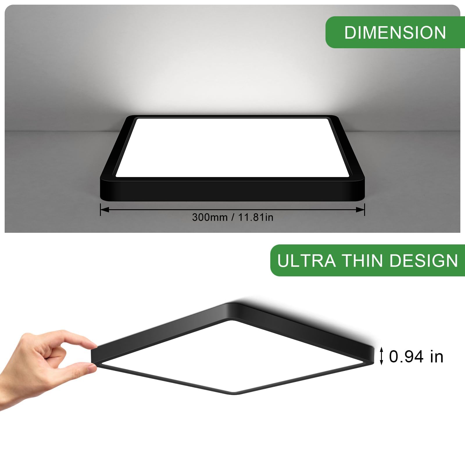 12Inch 24W Square Led Ceiling Light Fixtures Flush Mount  5000K Daylight White Led Ceiling Lamp  Surface Mount Modern Ceiling Lights  Black Slim Flat Panel Lighting For Bedroom  Kitchen  Bathroom Etc